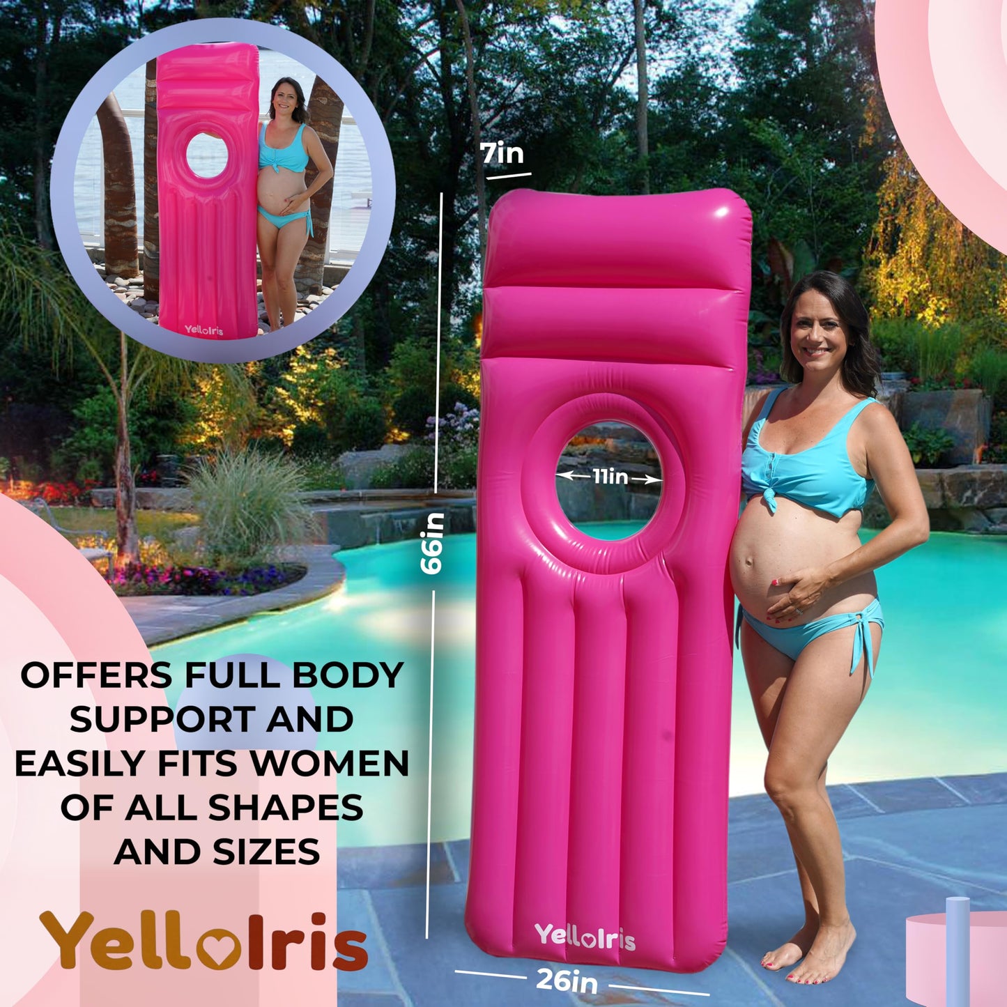 YelloIris Inflatable Pregnancy Pool Float with Belly Hole – Full-Body Maternity Airbed (Pink)