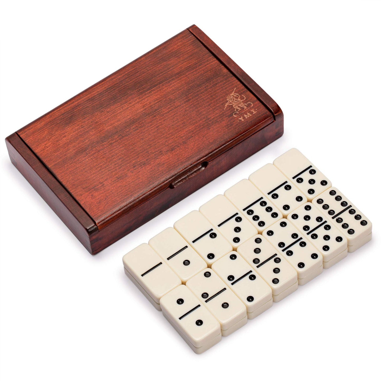 Yellow Mountain Imports 28-Tile Double-6 Dominoes Set — Jumbo Tournament Size in Dark Oak Case