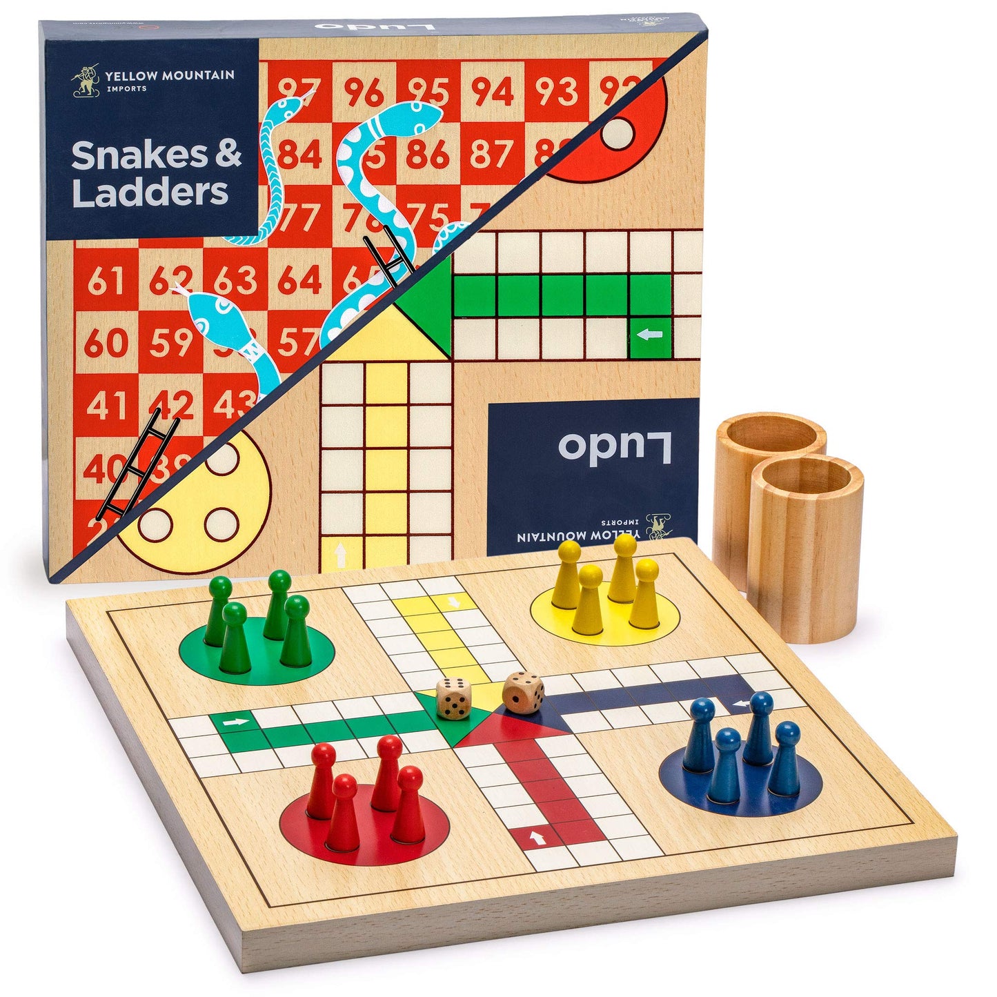 Yellow Mountain Imports 2-in-1 Reversible Snakes and Ladders, Ludo Game Set — 11.3-Inch Board