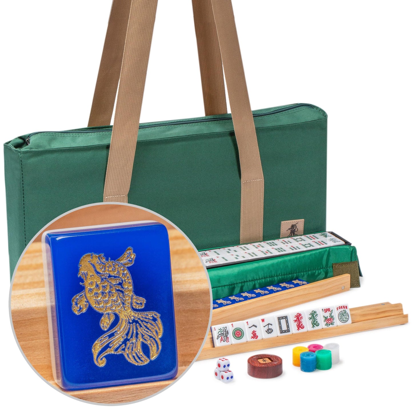 Yellow Mountain Imports American Mahjong Set: Koi Fish, Green Case
