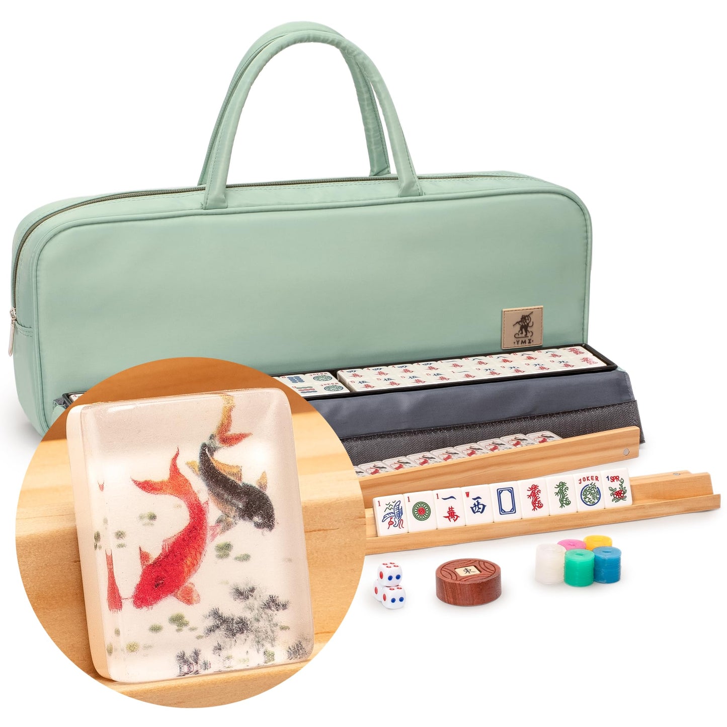 Yellow Mountain Imports American Mahjong Set — Celadon Koi, Mint Green Case, 4 Wooden Racks, Coins, Dice, Wind Indicator
