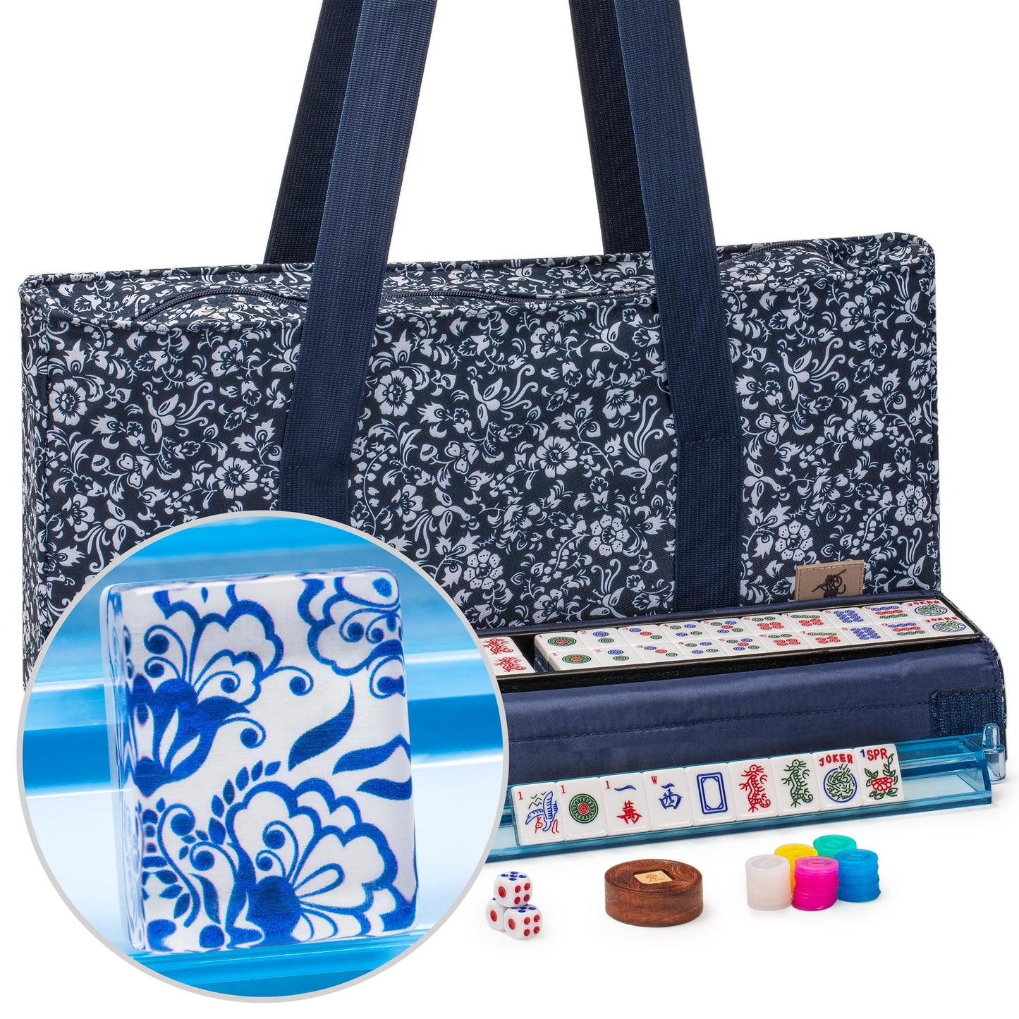 Yellow Mountain Imports American Mahjong Set, Chinoise II with Floral Blue Soft Case | All-in-One Racks, Pushers, Coins, Dice