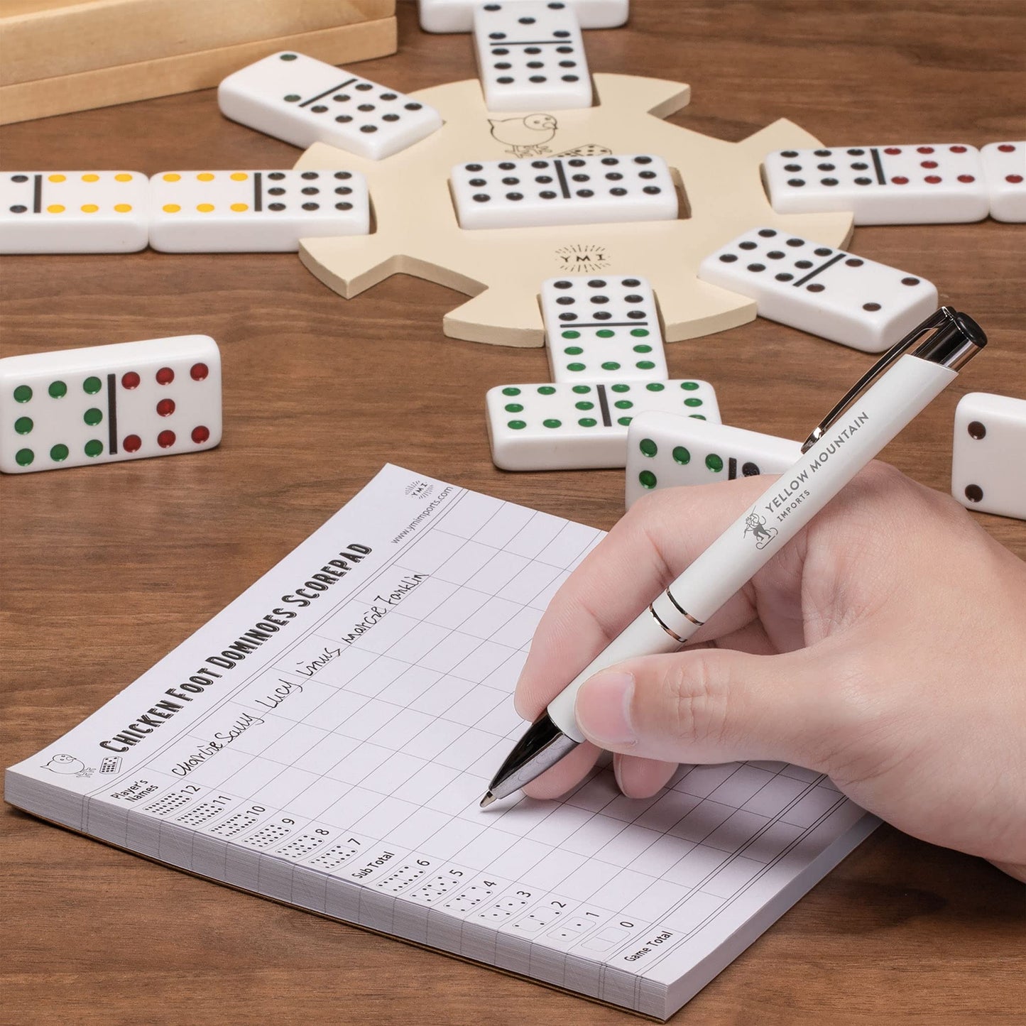 Yellow Mountain Imports Chicken Foot Complete Game Set — Double 9 Dominoes, Wooden Hub & Scorepad