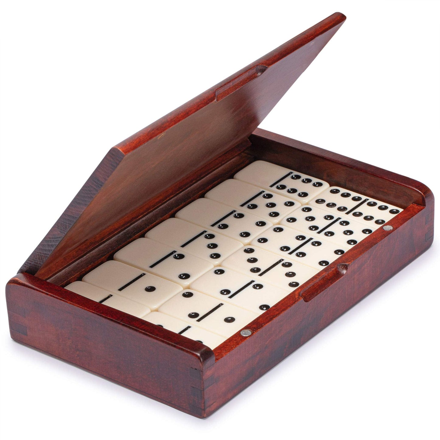 Yellow Mountain Imports 28-Tile Double-6 Dominoes Set — Jumbo Tournament Size in Dark Oak Case