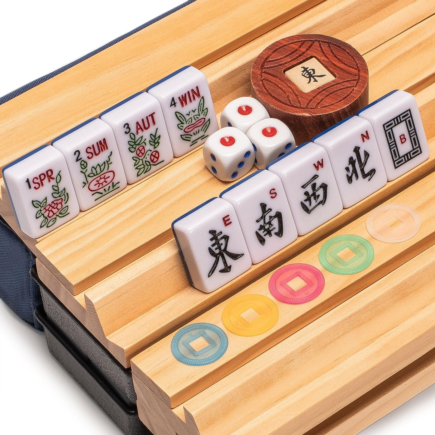 Yellow Mountain Imports Indigo Tides American Mahjong Set – 4 Racks, Wind Indicator, Coins & Case
