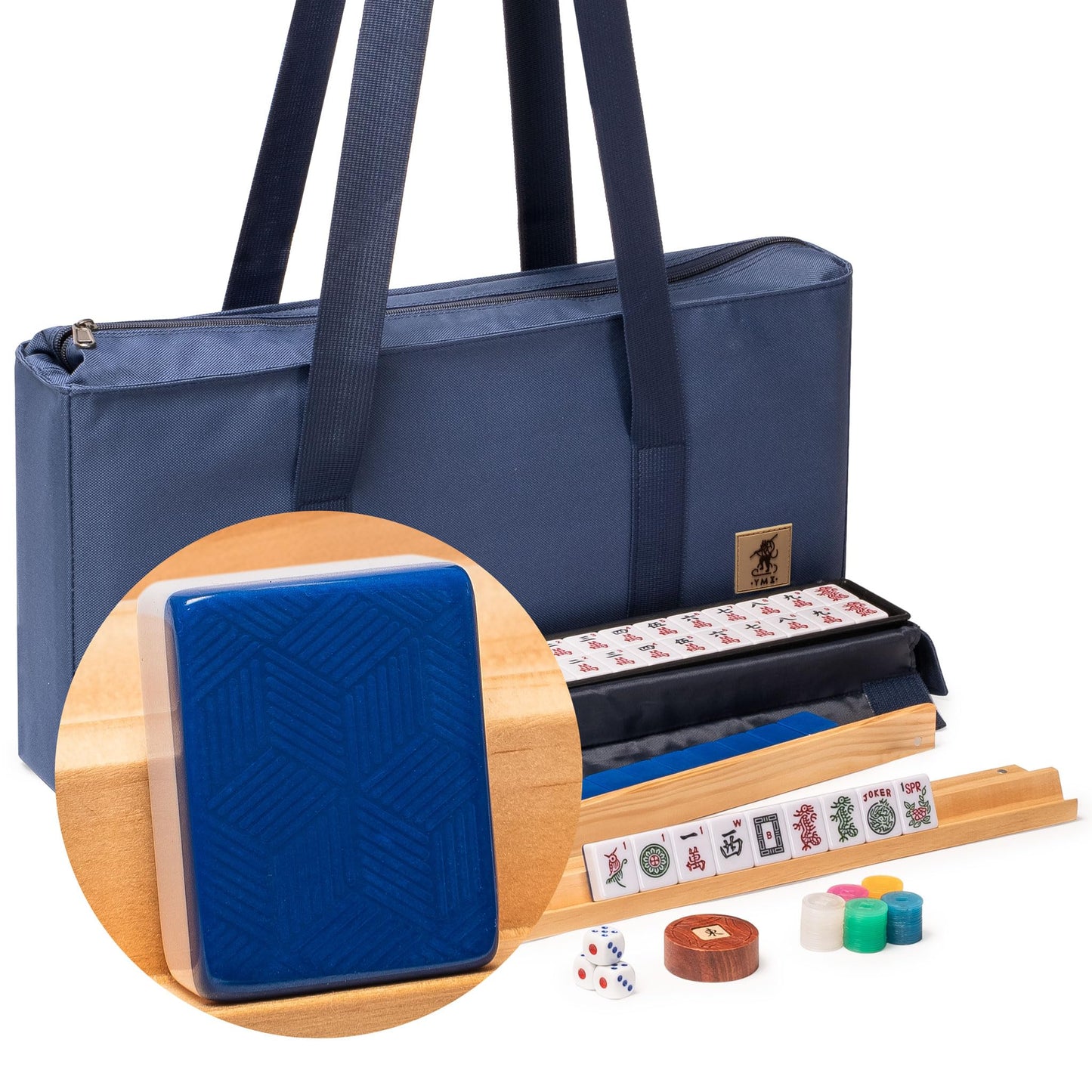 Yellow Mountain Imports Indigo Tides American Mahjong Set – 4 Racks, Wind Indicator, Coins & Case