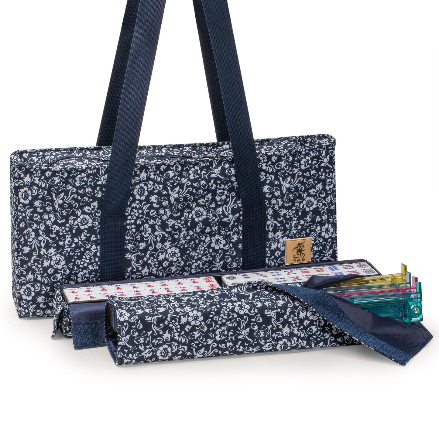 Yellow Mountain Imports American Mahjong Set, Chinoise II with Floral Blue Soft Case | All-in-One Racks, Pushers, Coins, Dice