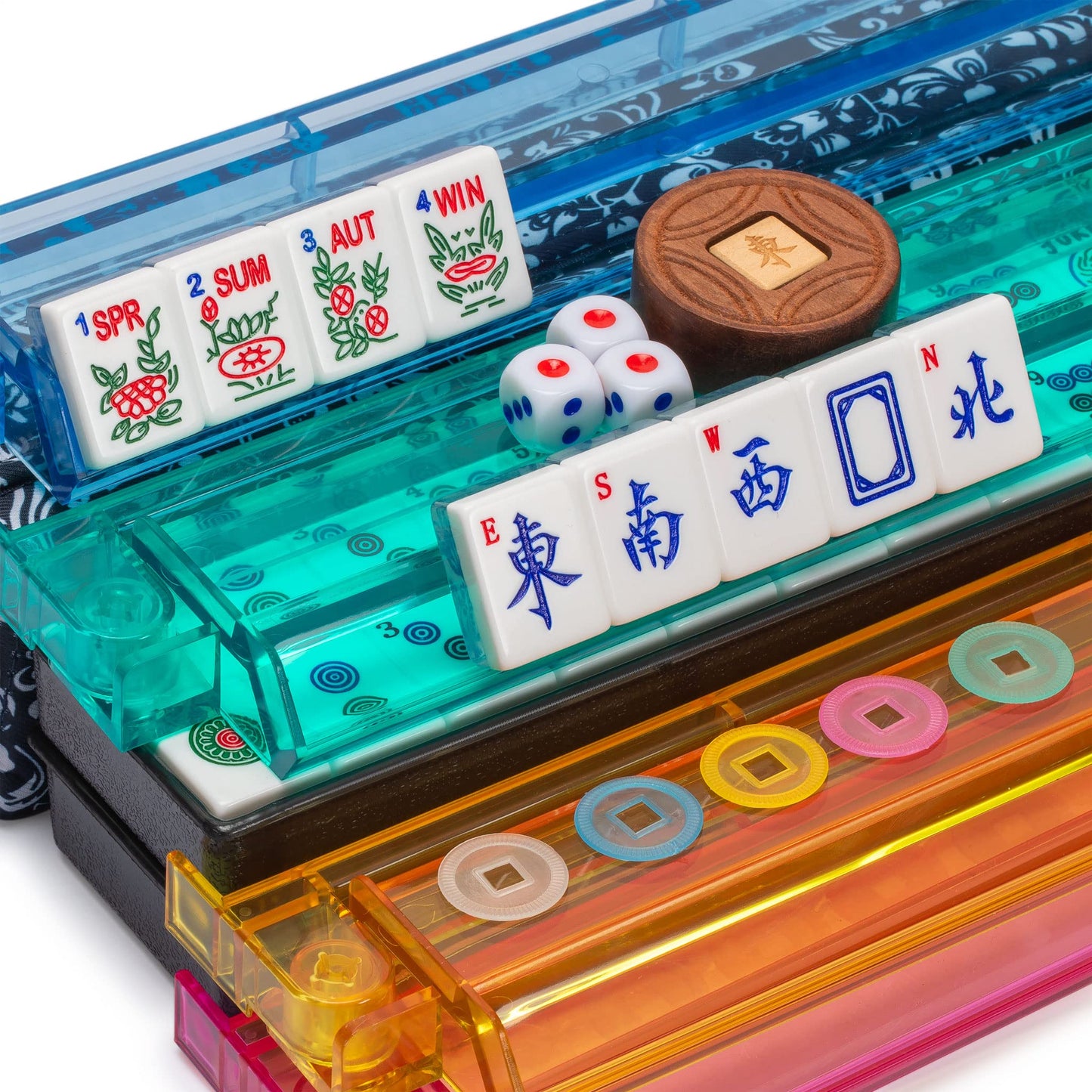 Yellow Mountain Imports American Mahjong Set, Chinoise II with Floral Blue Soft Case | All-in-One Racks, Pushers, Coins, Dice