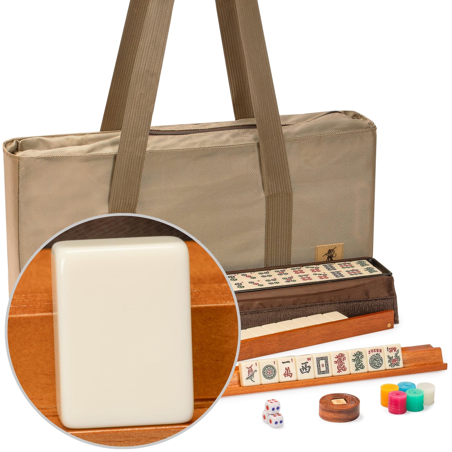 Yellow Mountain Imports Mojave American Mahjong Set – Ivory Tiles, Brown Soft Case, Racks, Coins, Dice & Wind Indicator