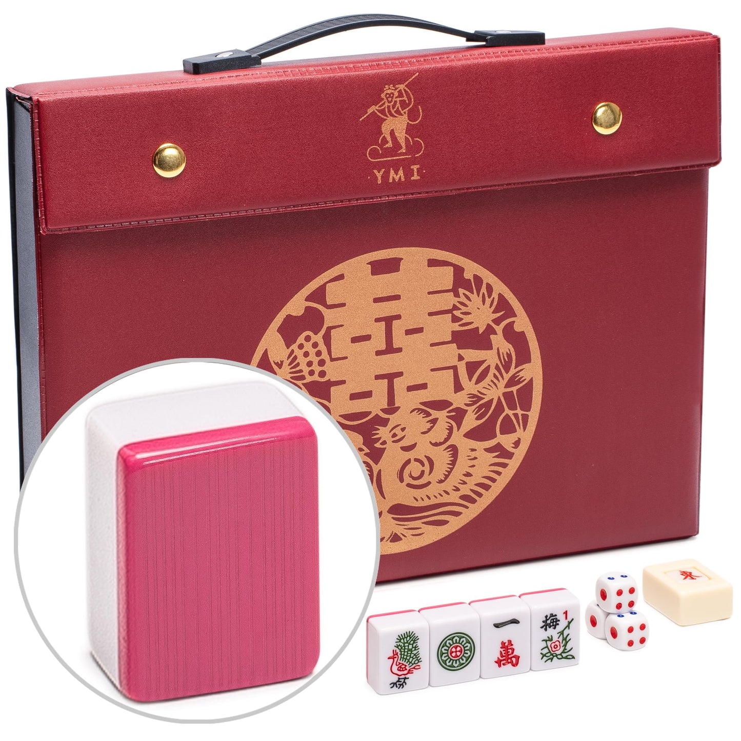 Yellow Mountain Imports Chinese Mahjong Set - Rouge Harmony (146 Tiles, Red Vinyl Case, Wind Indicator & Dice) - Traditional Chinese Play Only