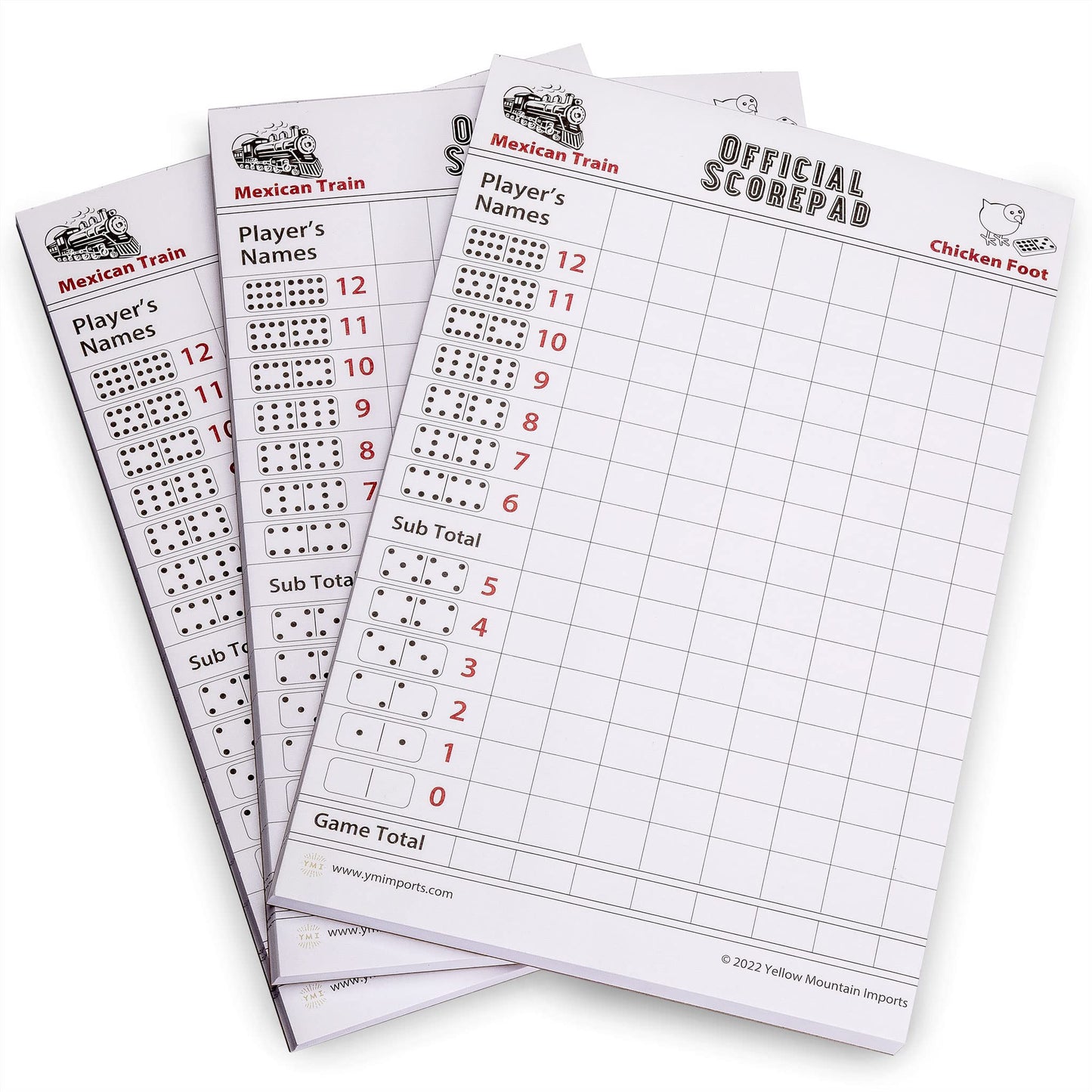 Yellow Mountain Imports 3-Pack Mexican Train & Chicken Foot Dominoes Scorepad – 180 Sheets