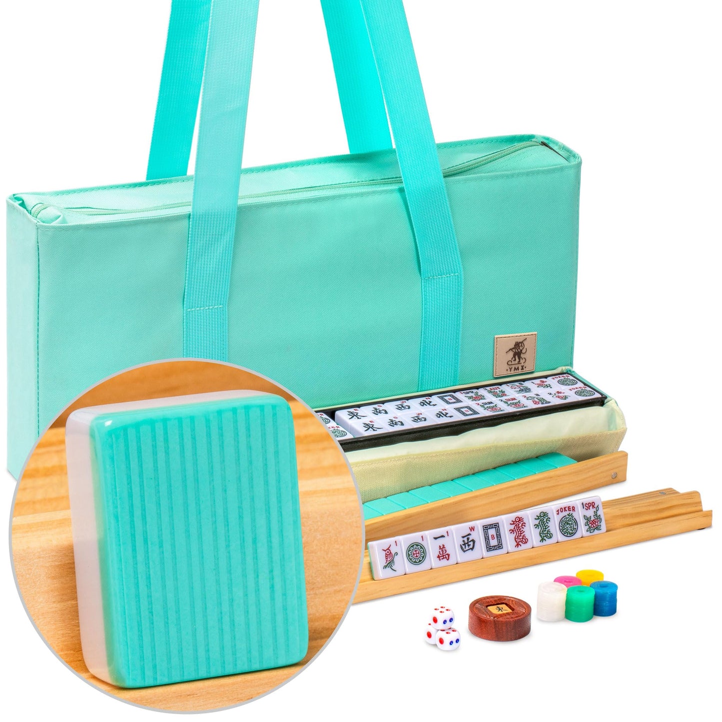 Yellow Mountain Imports American Mahjong Set Seabreeze with Green Soft Case – 4 Racks, Coins, Dice