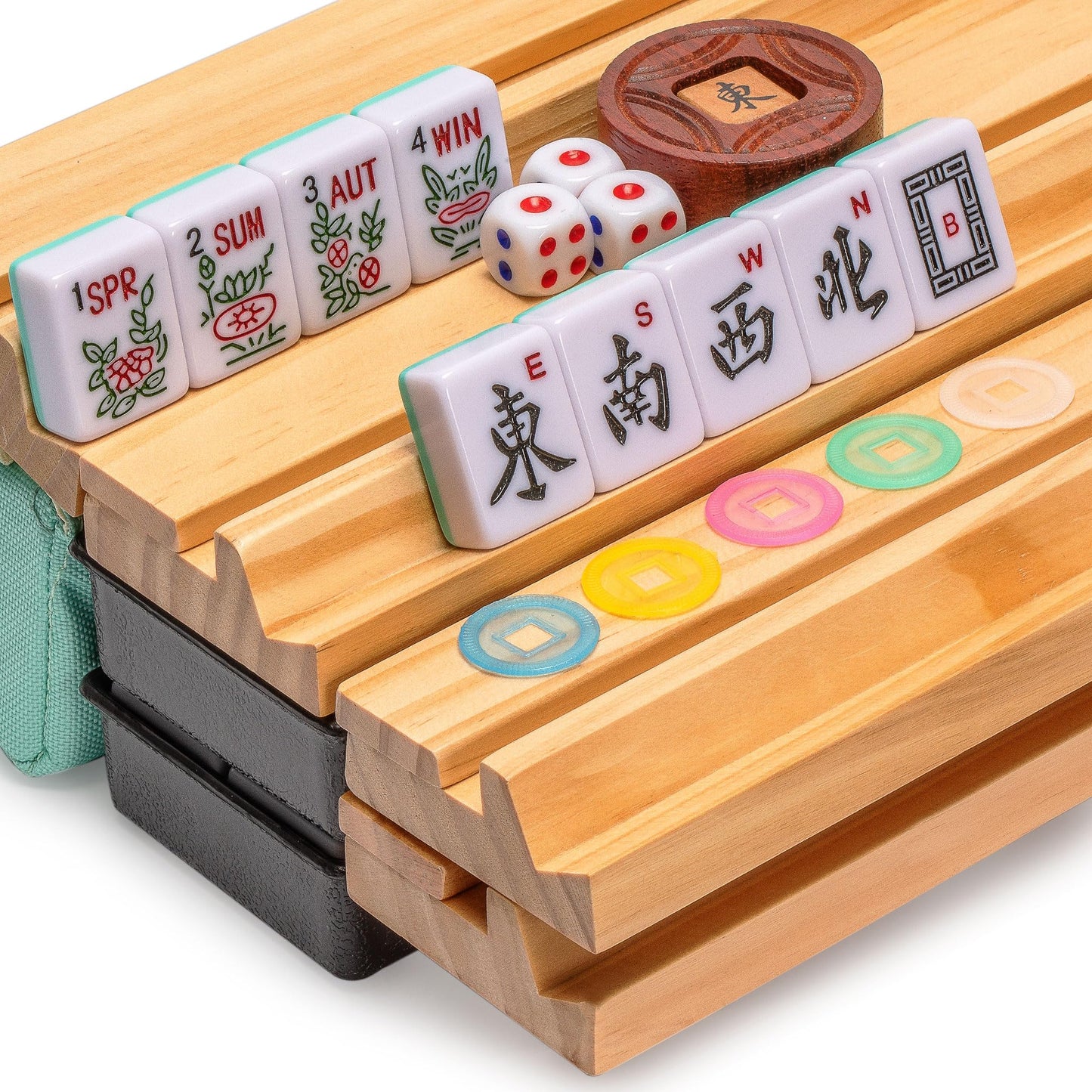 Yellow Mountain Imports American Mahjong Set Seabreeze with Green Soft Case – 4 Racks, Coins, Dice