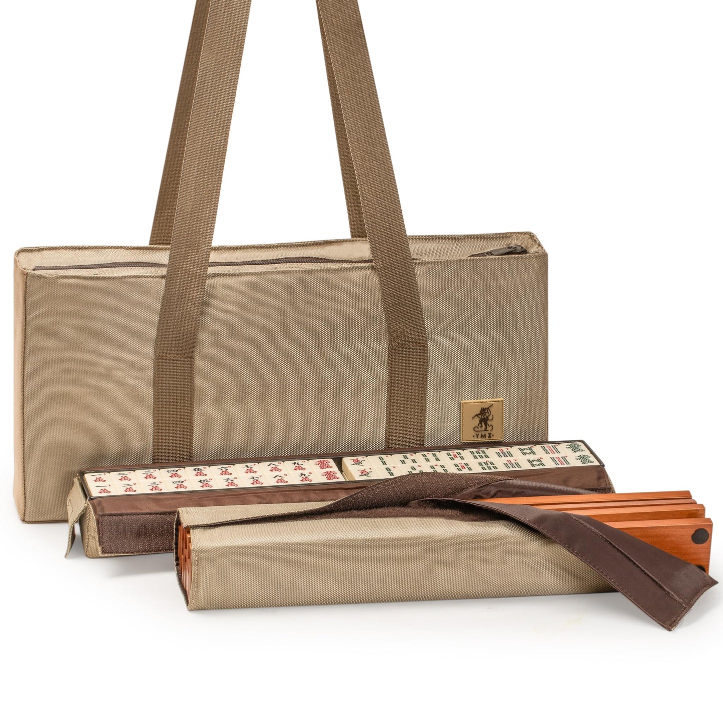 Yellow Mountain Imports Mojave American Mahjong Set – Ivory Tiles, Brown Soft Case, Racks, Coins, Dice & Wind Indicator