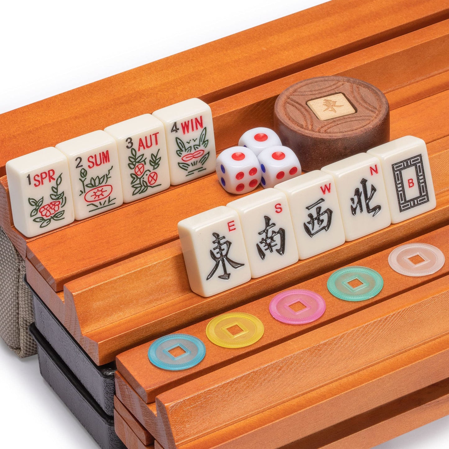 Yellow Mountain Imports Mojave American Mahjong Set – Ivory Tiles, Brown Soft Case, Racks, Coins, Dice & Wind Indicator