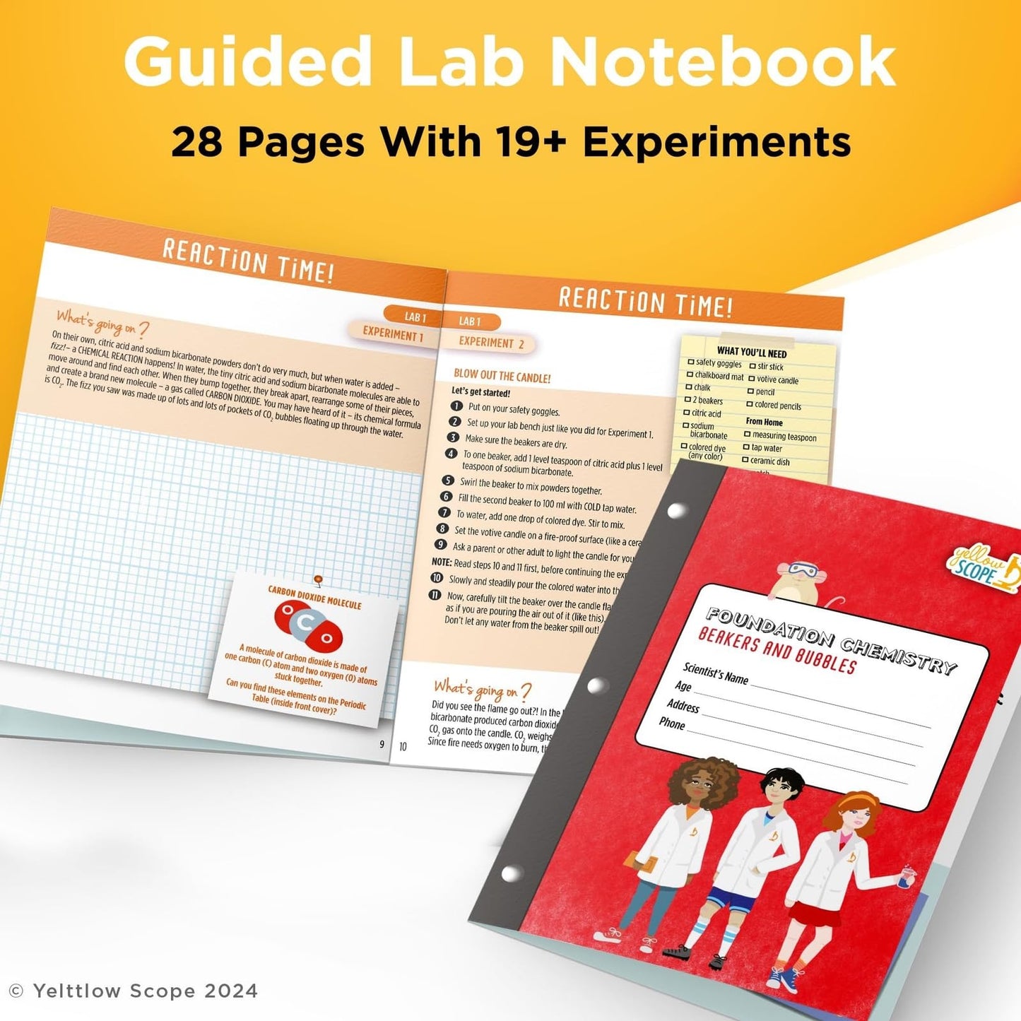 Yellow Scope Chemistry Kit for Kids 8–12 | Beakers & Bubbles Foundation Chem Set with 19+ Experiments