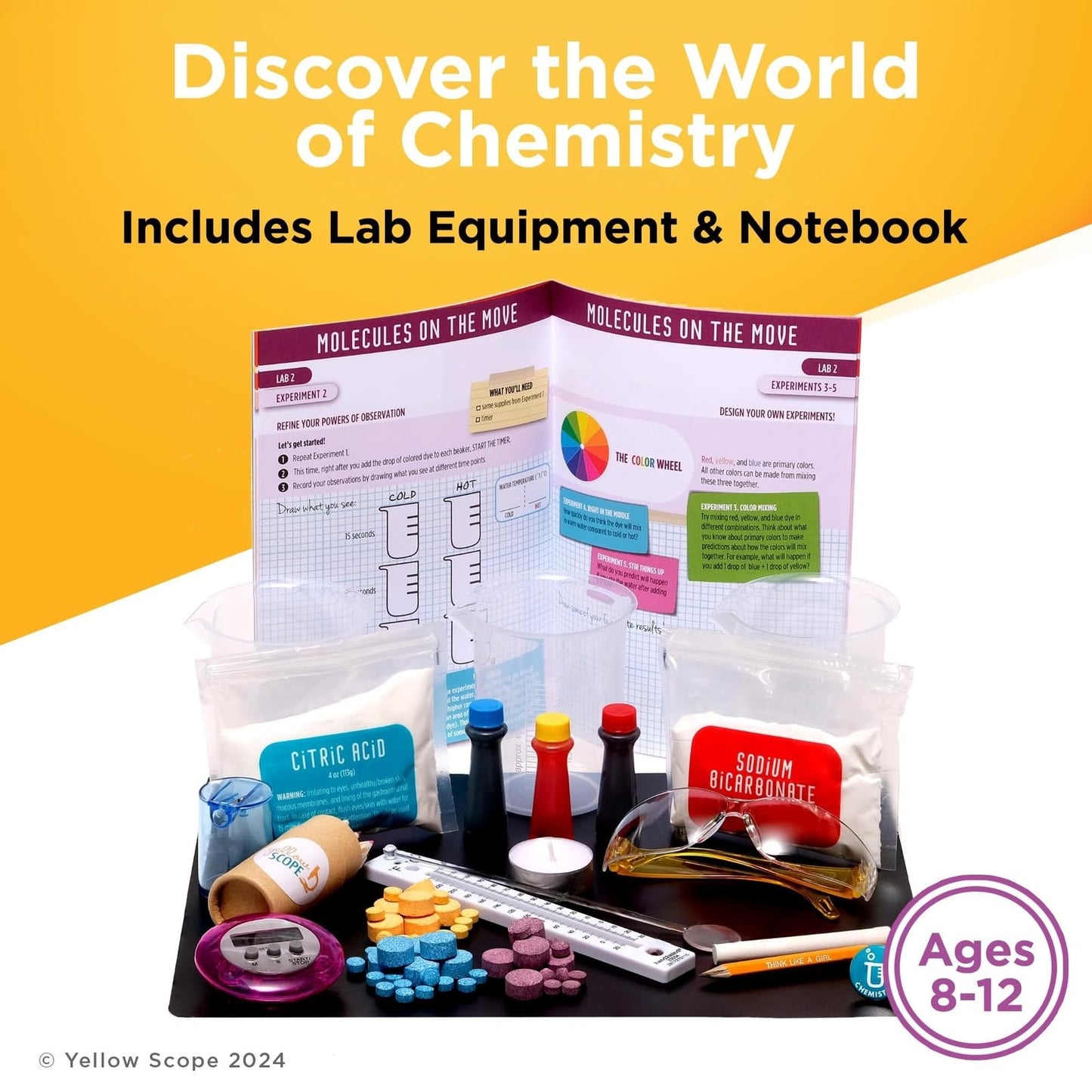 Yellow Scope Chemistry Kit for Kids 8–12 | Beakers & Bubbles Foundation Chem Set with 19+ Experiments