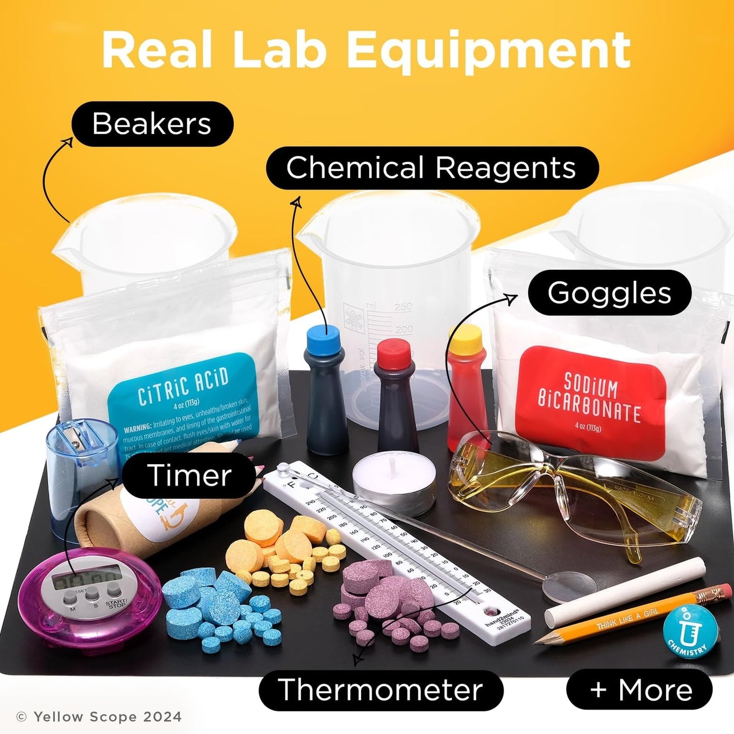 Yellow Scope Chemistry Kit for Kids 8–12 | Beakers & Bubbles Foundation Chem Set with 19+ Experiments