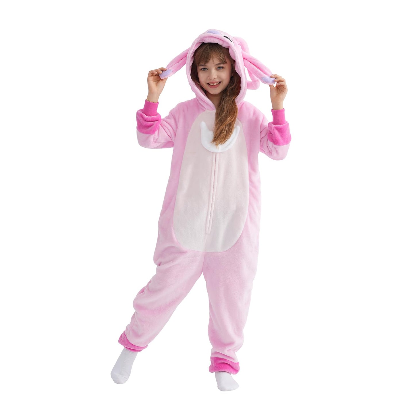 Yemnut Kids Flannel Cosplay Onesie – Halloween & Christmas Unisex Costume (Pink Stitch, 10 Years)