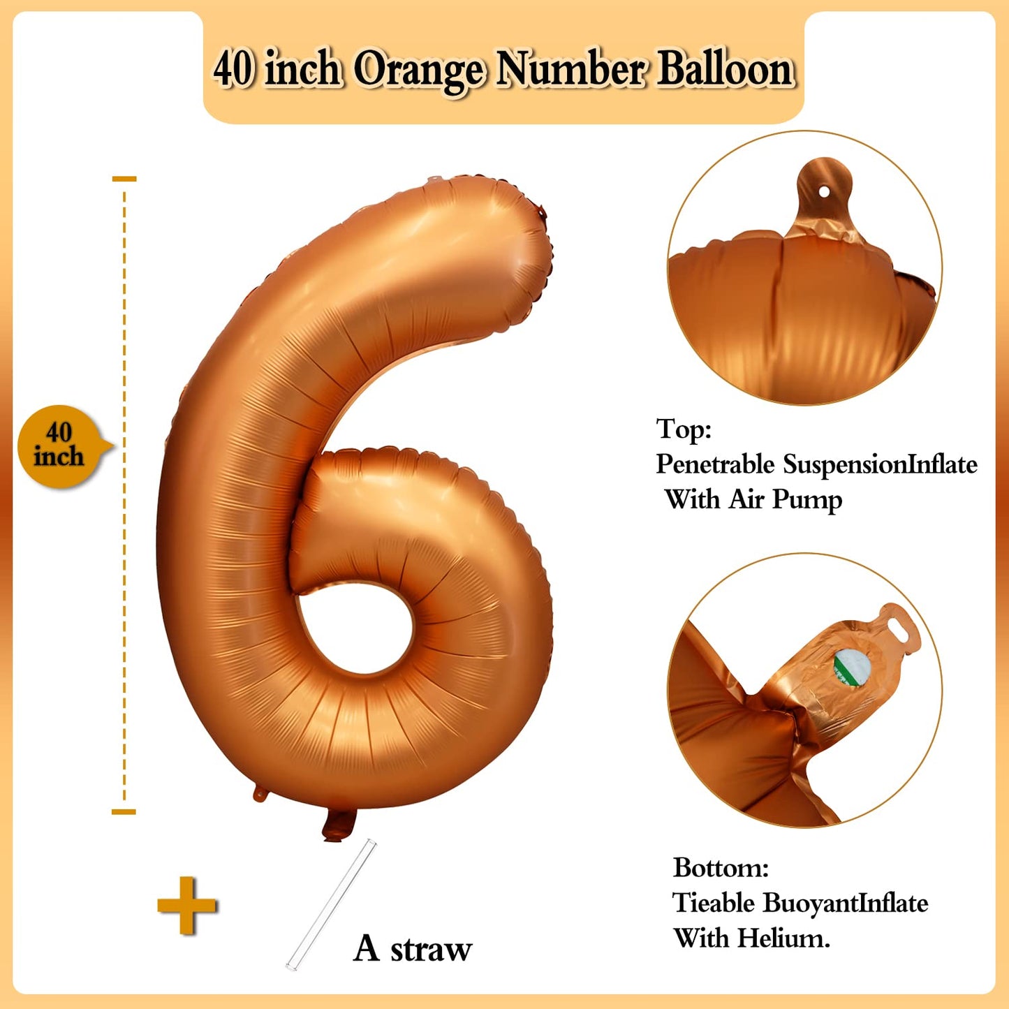 Yeodong 40-Inch Orange Number 6 Balloon – Giant Foil Helium Birthday Decor