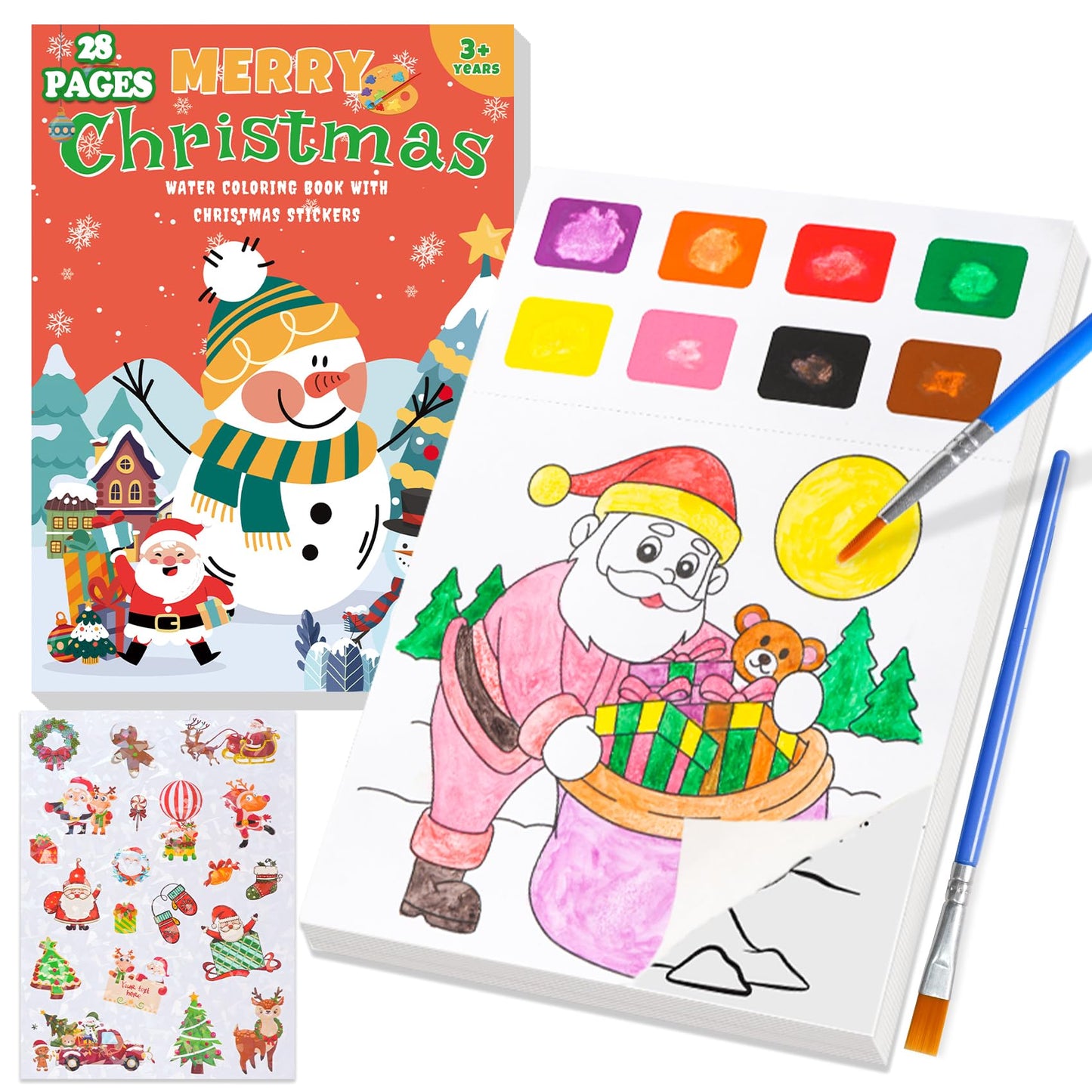 Yeolepor Christmas Watercolor Book Kit – Mess-Free Kids Painting with 28 Pages, 20 Stickers & 2 Brushes