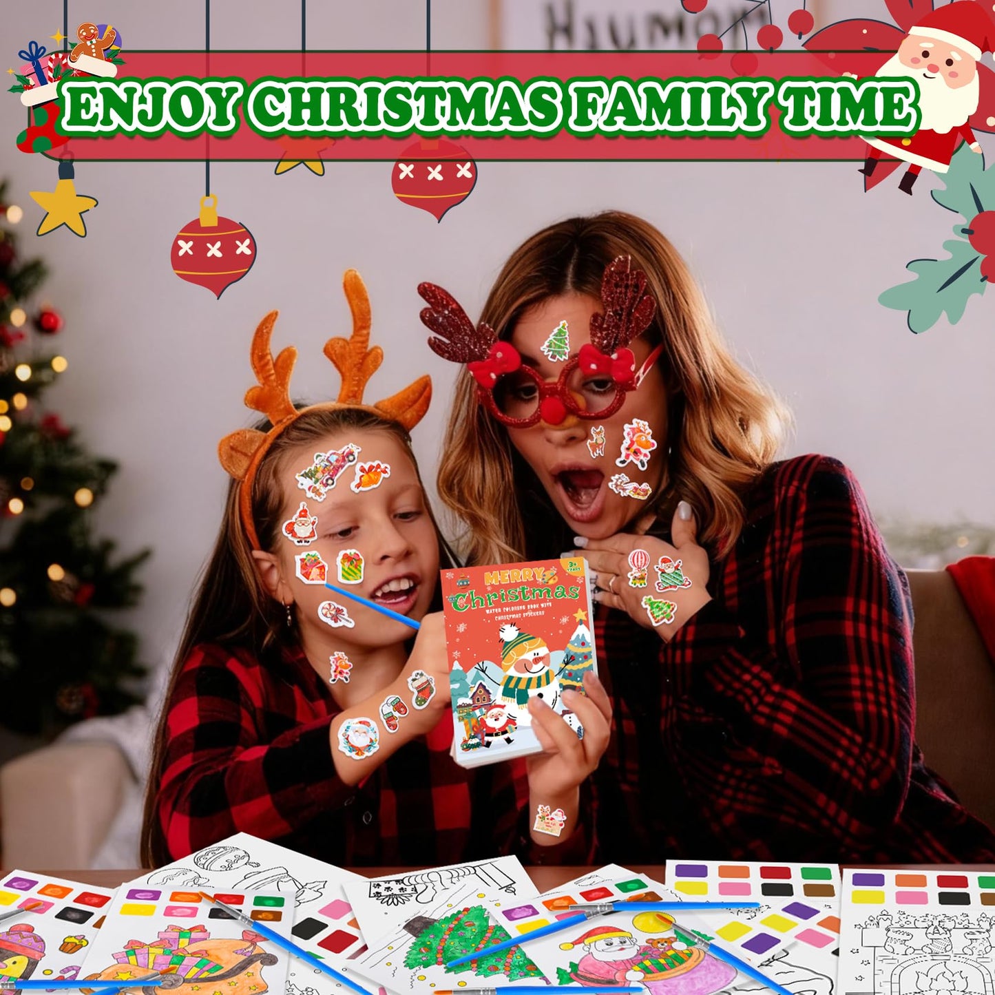 Yeolepor Christmas Watercolor Book Kit – Mess-Free Kids Painting with 28 Pages, 20 Stickers & 2 Brushes