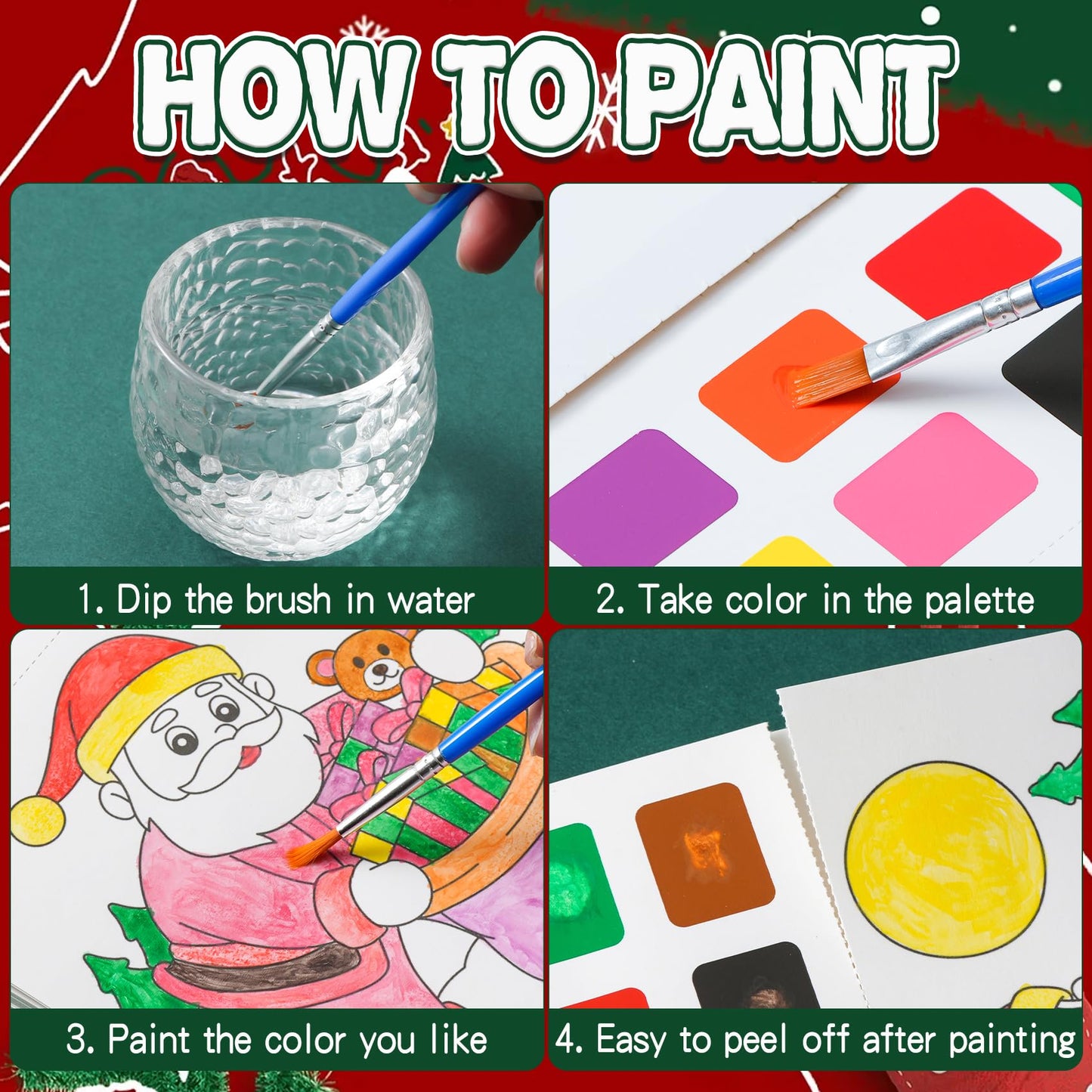 Yeolepor Christmas Watercolor Book Kit – Mess-Free Kids Painting with 28 Pages, 20 Stickers & 2 Brushes