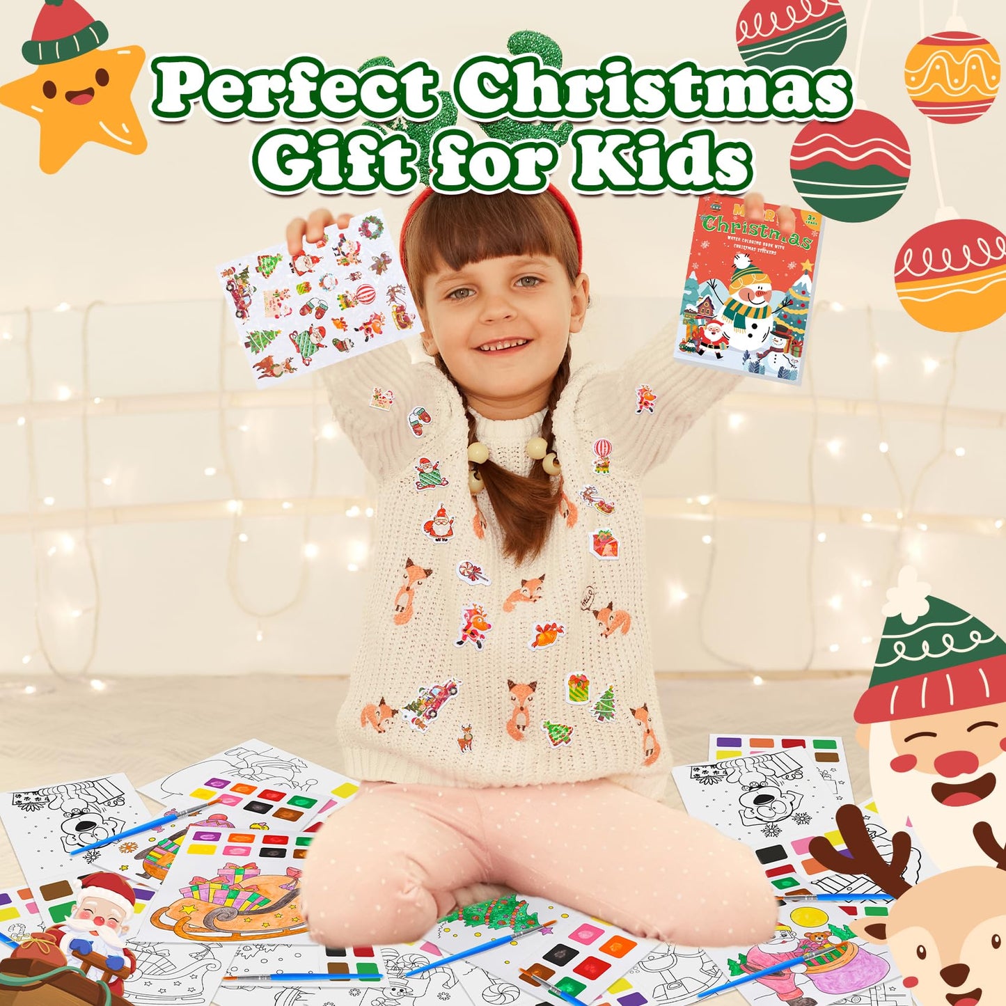 Yeolepor Christmas Watercolor Book Kit – Mess-Free Kids Painting with 28 Pages, 20 Stickers & 2 Brushes