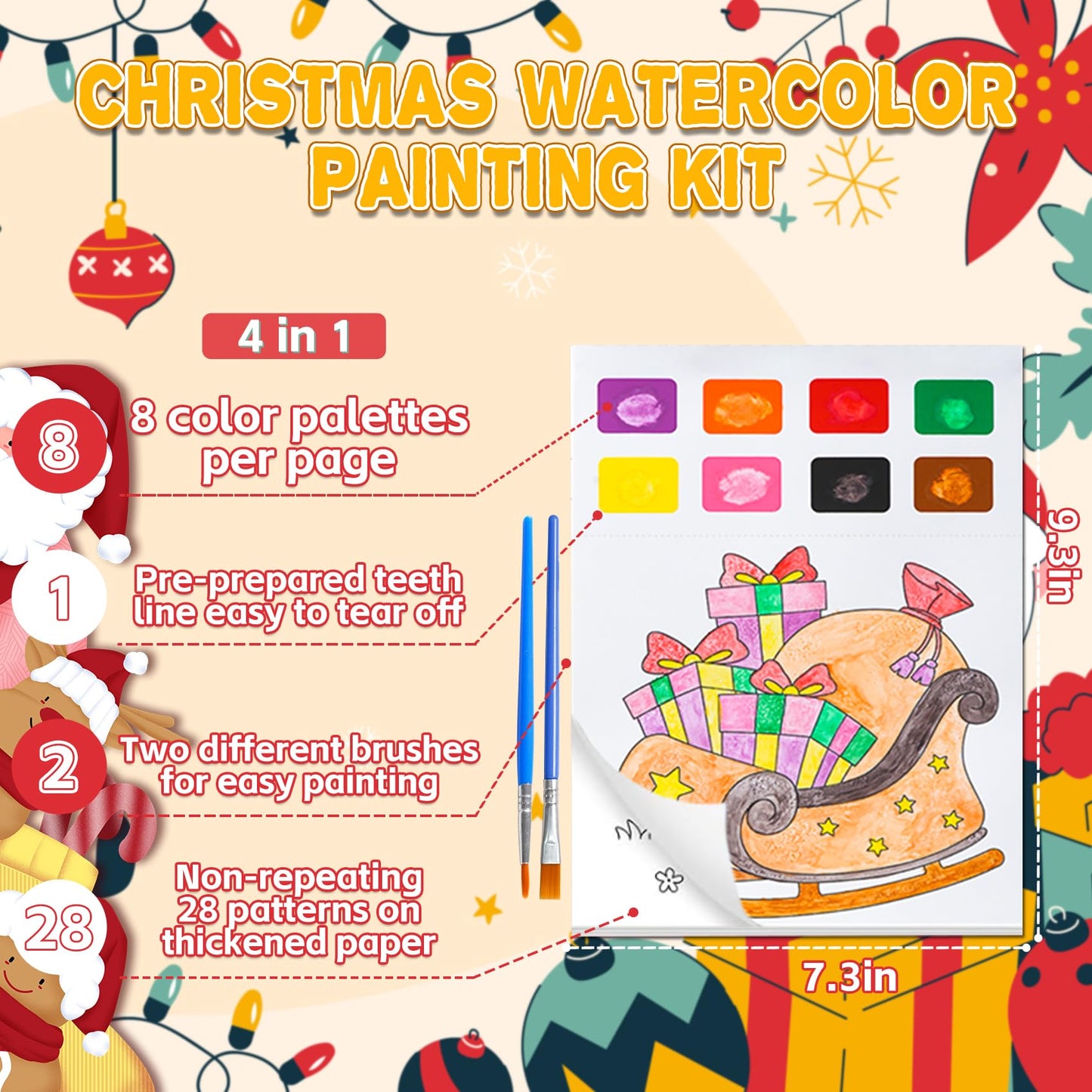 Yeolepor Christmas Watercolor Book Kit – Mess-Free Kids Painting with 28 Pages, 20 Stickers & 2 Brushes