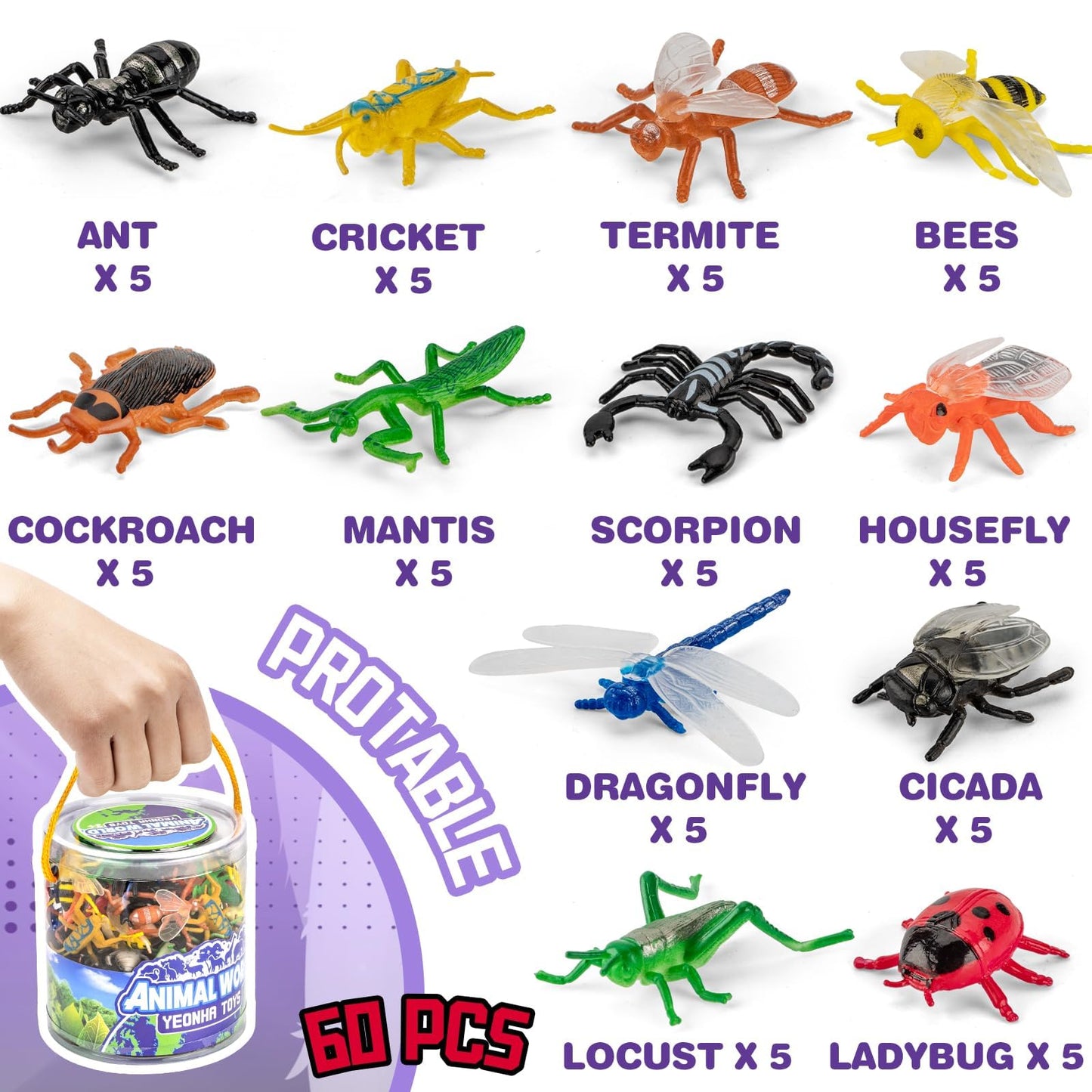 Yeonha Toys: 60 Piece Mini Insect Toys with Gift Box – Realistic Bug Figures for Kids, Party Decor & Classroom Projects