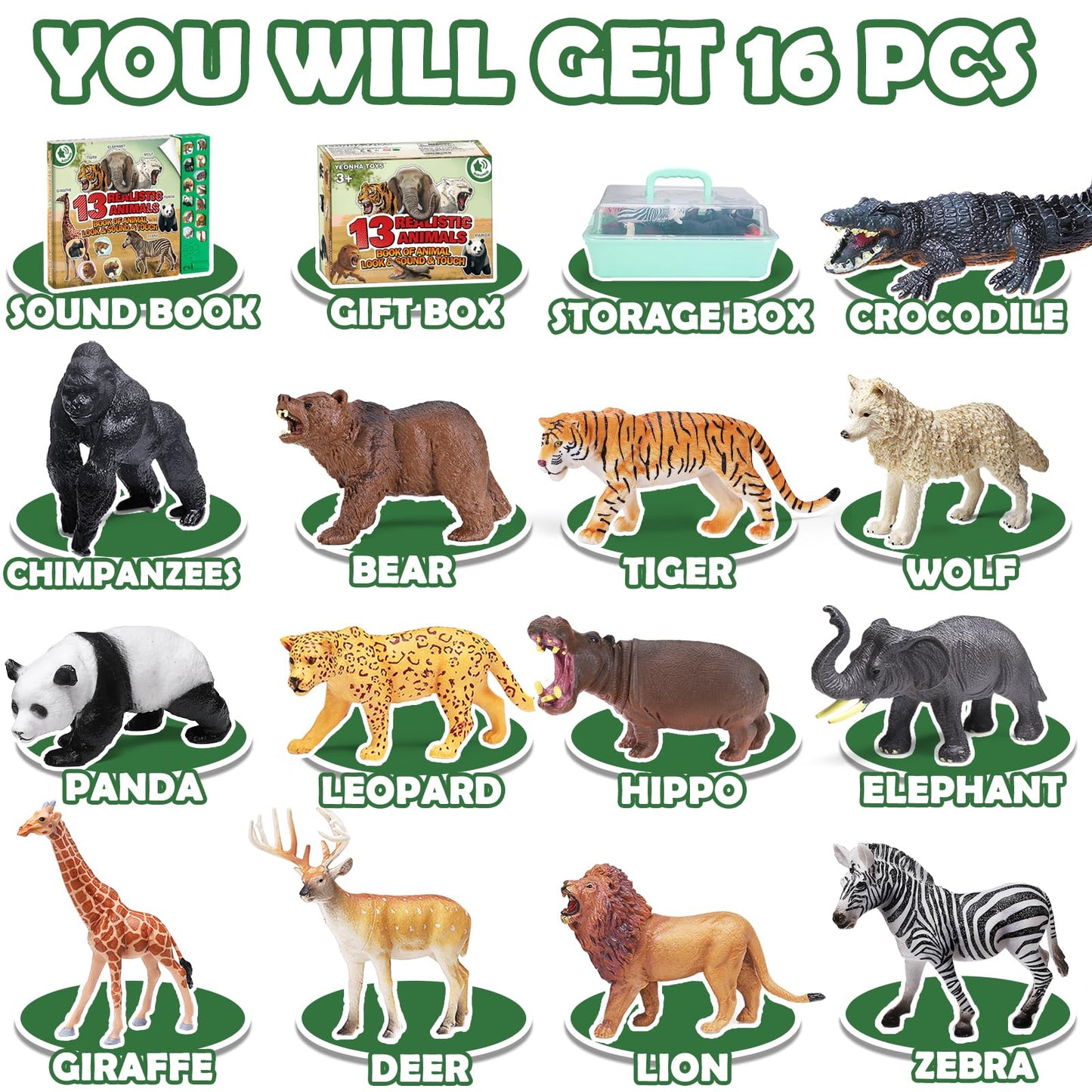 Yeonha Toys: 13 Realistic Safari Animal Figures with Sound Book & Storage Box