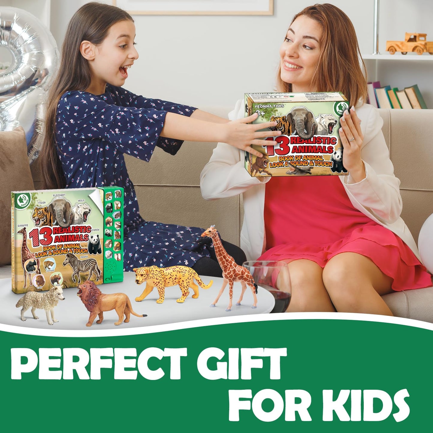 Yeonha Toys: 13 Realistic Safari Animal Figures with Sound Book & Storage Box