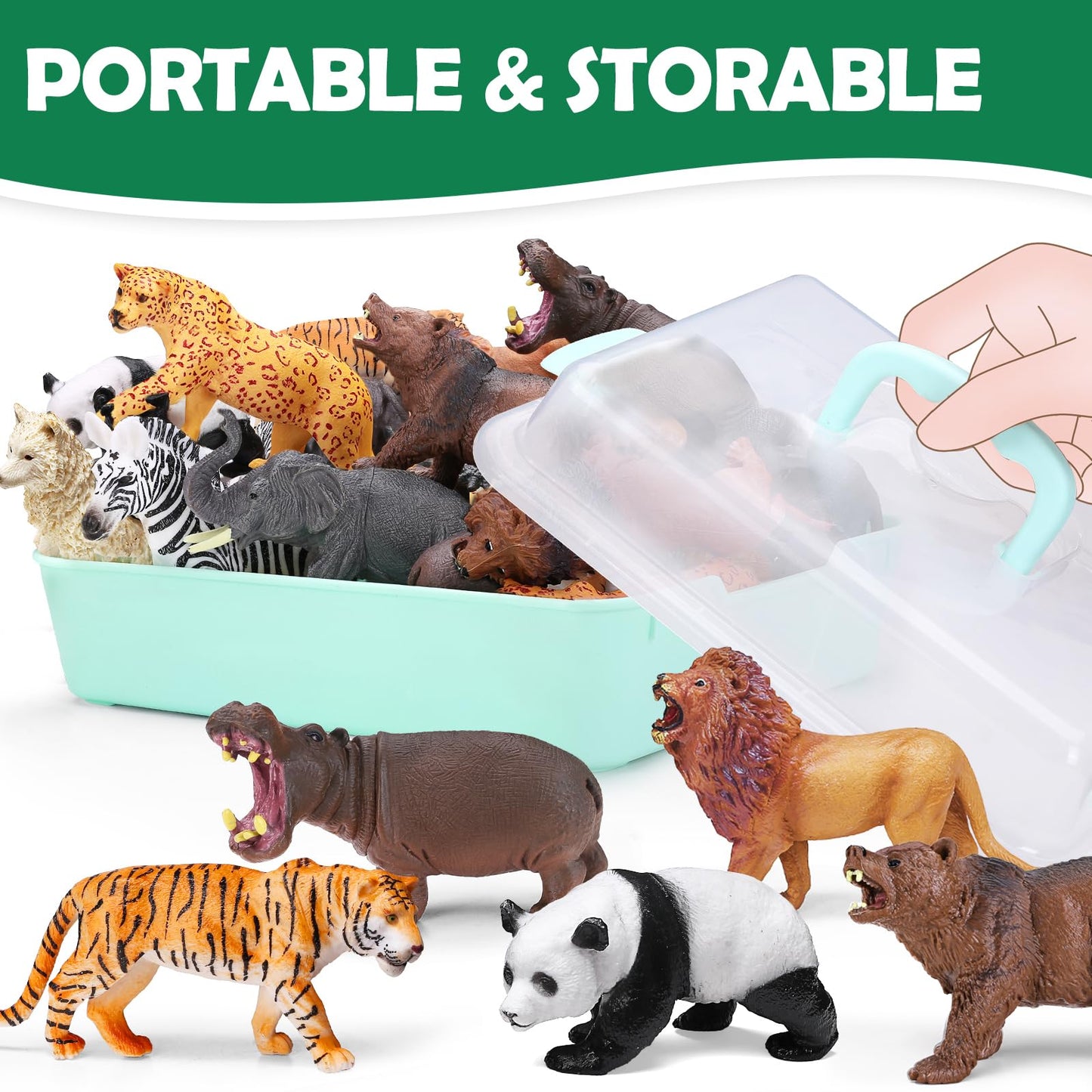 Yeonha Toys: 13 Realistic Safari Animal Figures with Sound Book & Storage Box