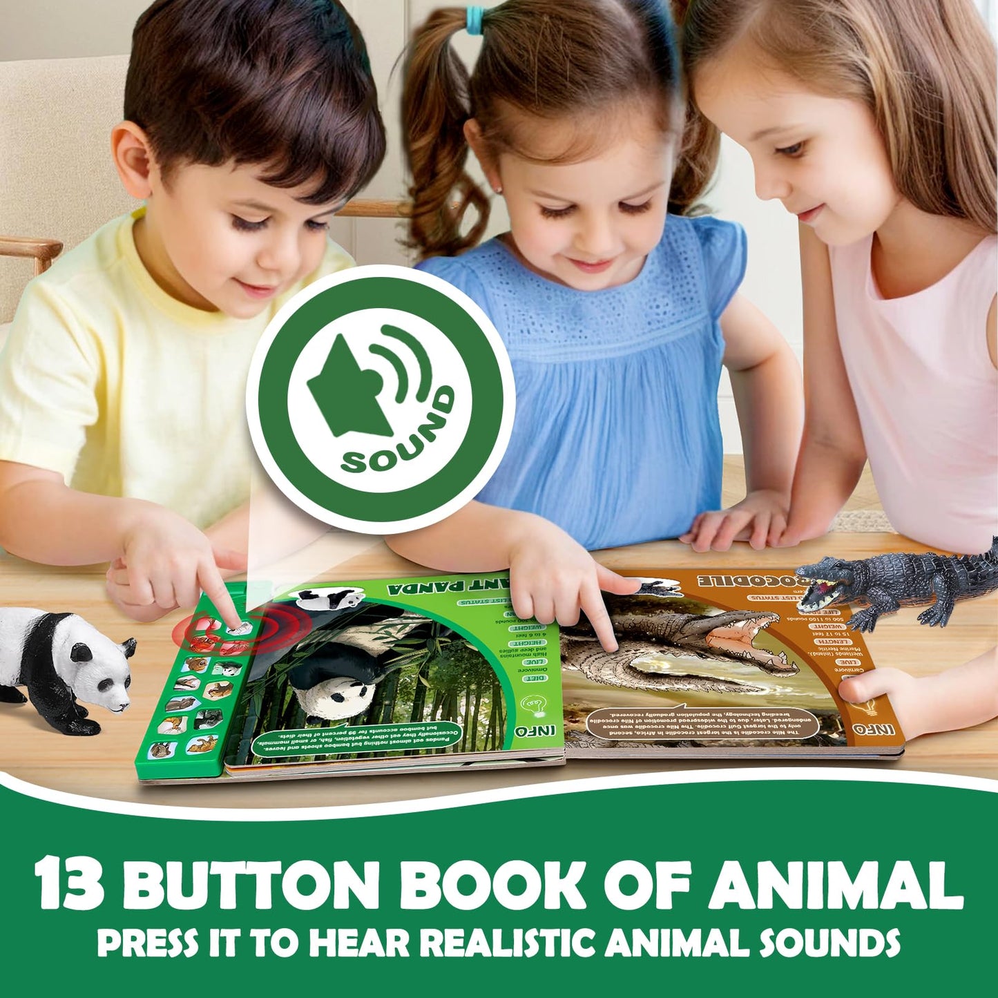Yeonha Toys: 13 Realistic Safari Animal Figures with Sound Book & Storage Box