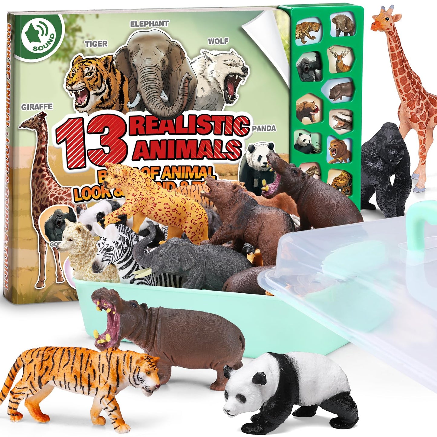 Yeonha Toys: 13 Realistic Safari Animal Figures with Sound Book & Storage Box