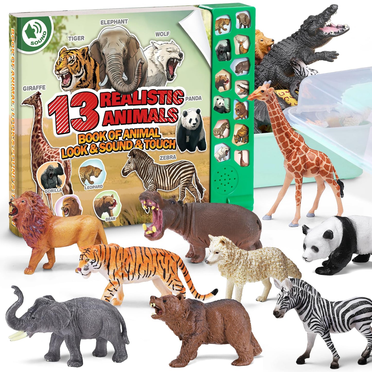 Yeonha Toys: 13 Realistic Safari Animal Figures with Sound Book & Storage Box