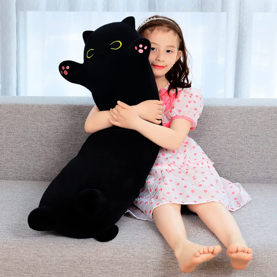 Yeqivo Black Cat Soft Plush Pillow - Long Cat Body Pillow (110cm, Black)