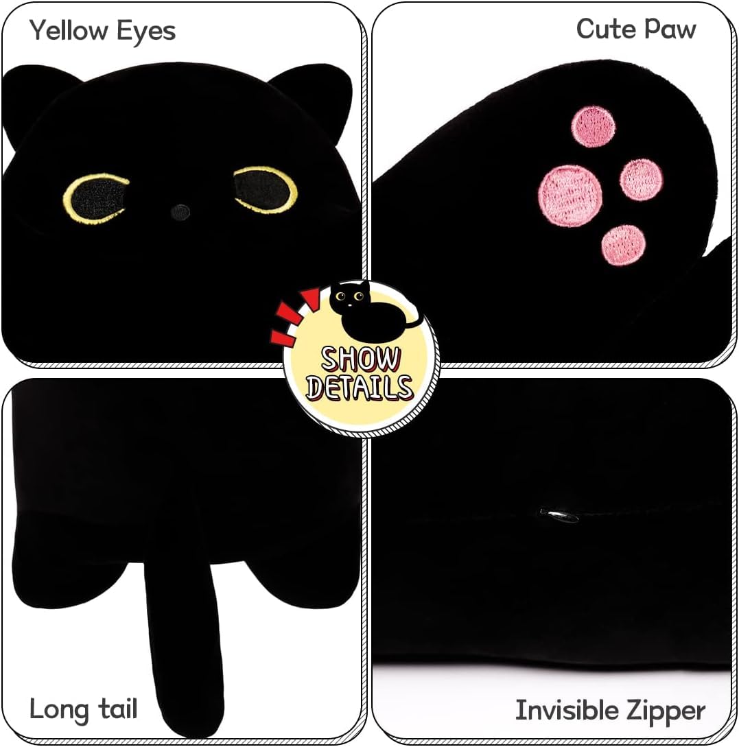 Yeqivo Black Cat Soft Plush Pillow - Long Cat Body Pillow (110cm, Black)