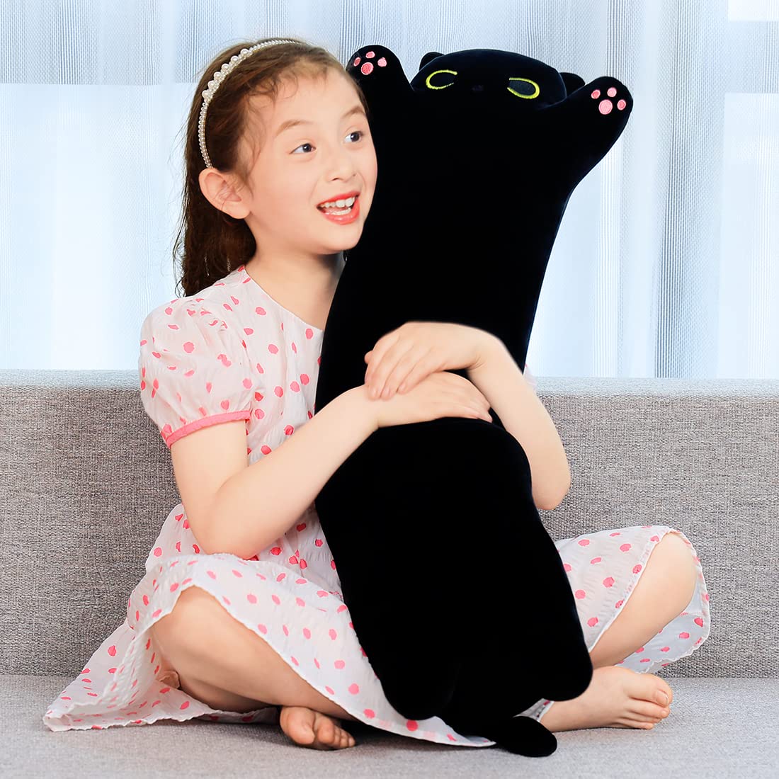Yeqivo Black Cat Soft Plush Pillow - Long Cat Body Pillow (110cm, Black)