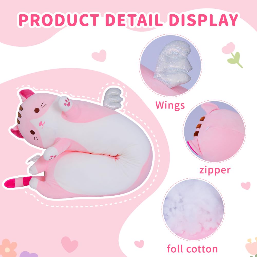 Yeqivo Pink Winged Cat Plush Pillow – Long 110cm Soft Stuffed Toy