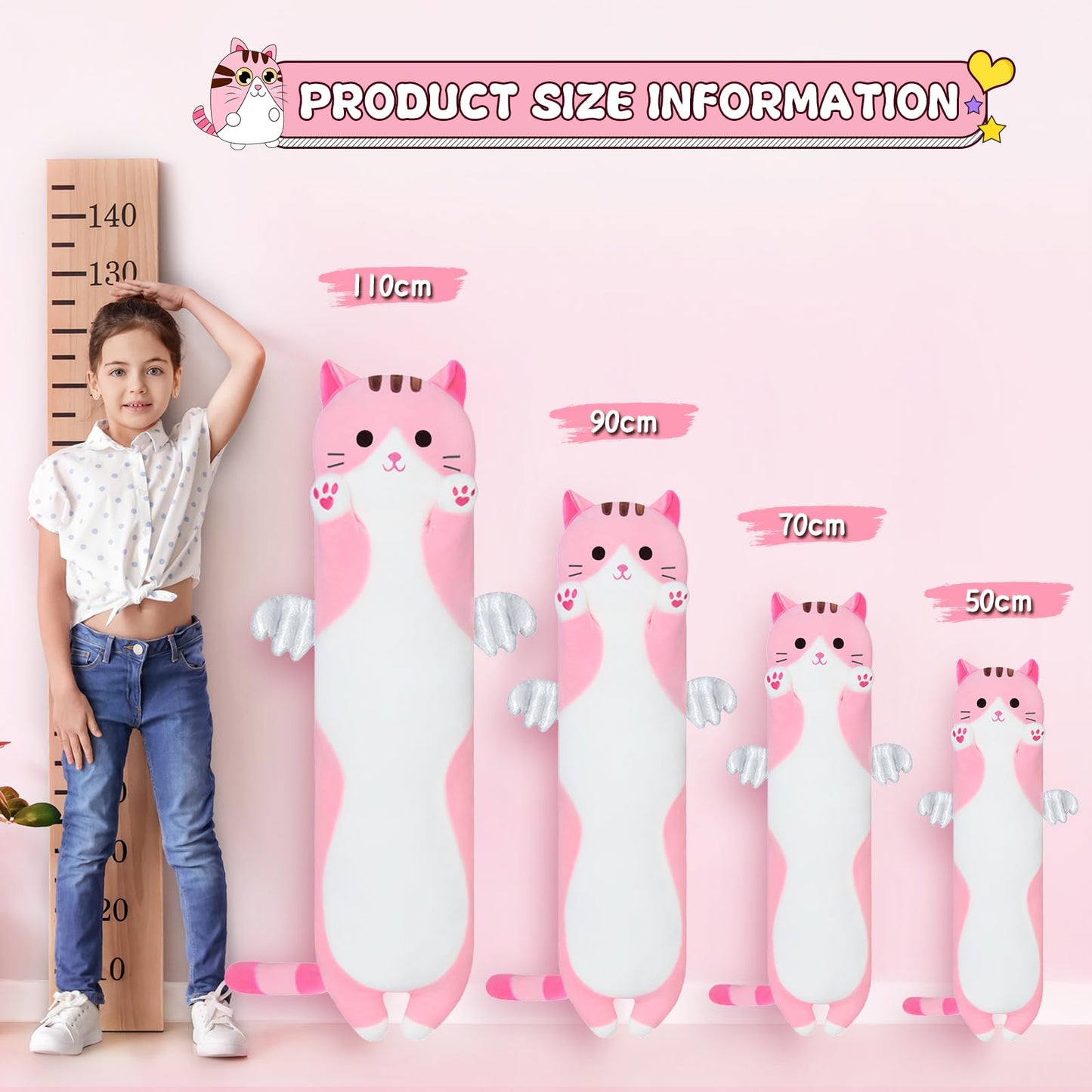 Yeqivo Pink Winged Cat Plush Pillow – Long 110cm Soft Stuffed Toy