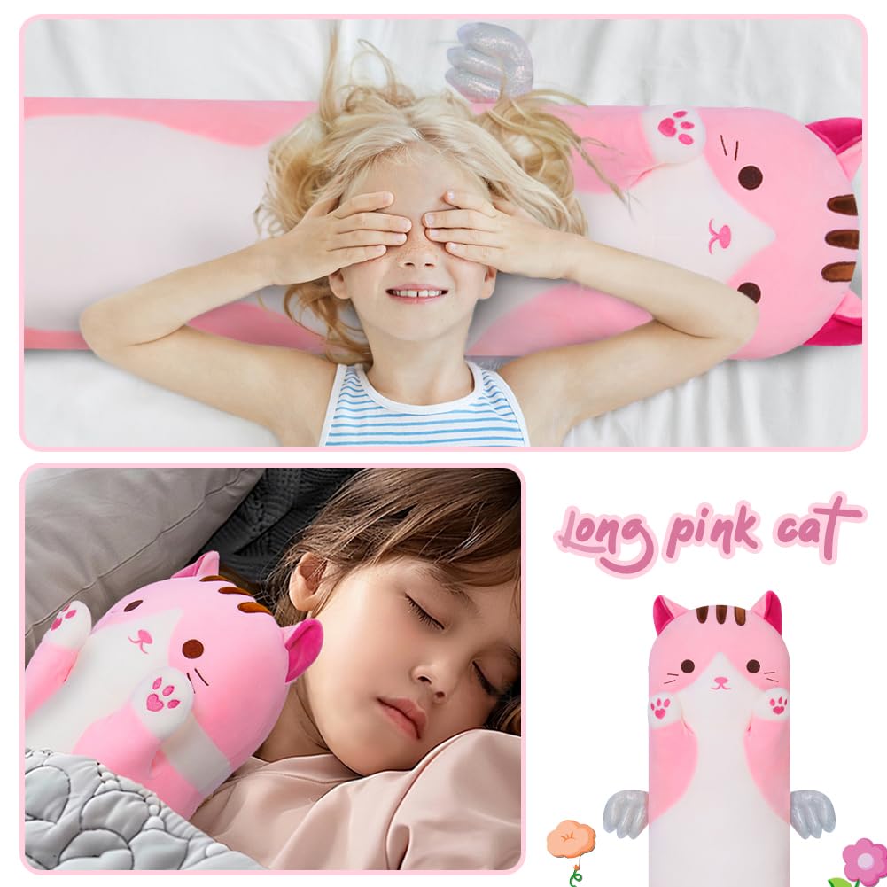 Yeqivo Cute Cat Plush Pillow – Pink Long Kitten Plushie, Soft Kawaii Cat Stuffed Toy for Kids (70cm)