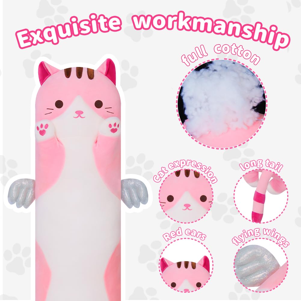 Yeqivo Cute Cat Plush Pillow – Pink Long Kitten Plushie, Soft Kawaii Cat Stuffed Toy for Kids (70cm)