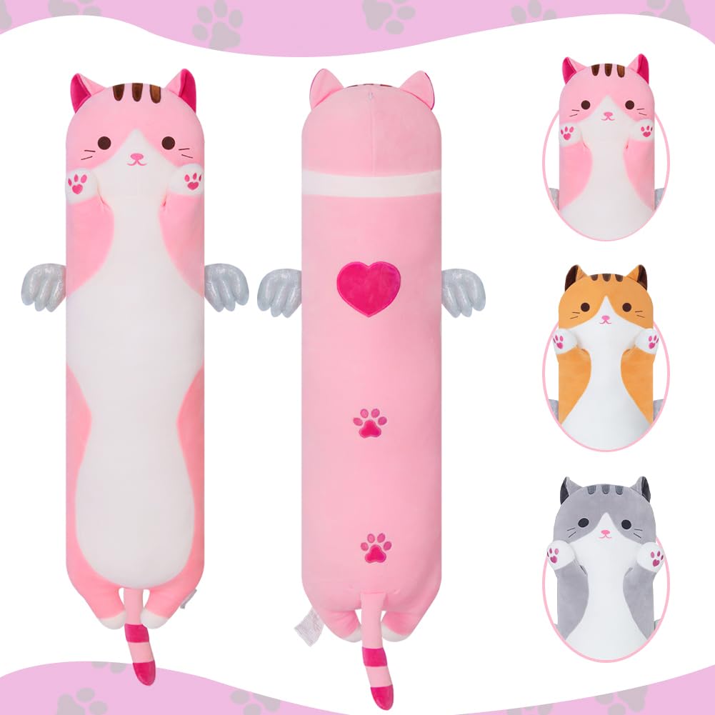 Yeqivo Pink Winged Cat Plush Pillow – Long 110cm Soft Stuffed Toy