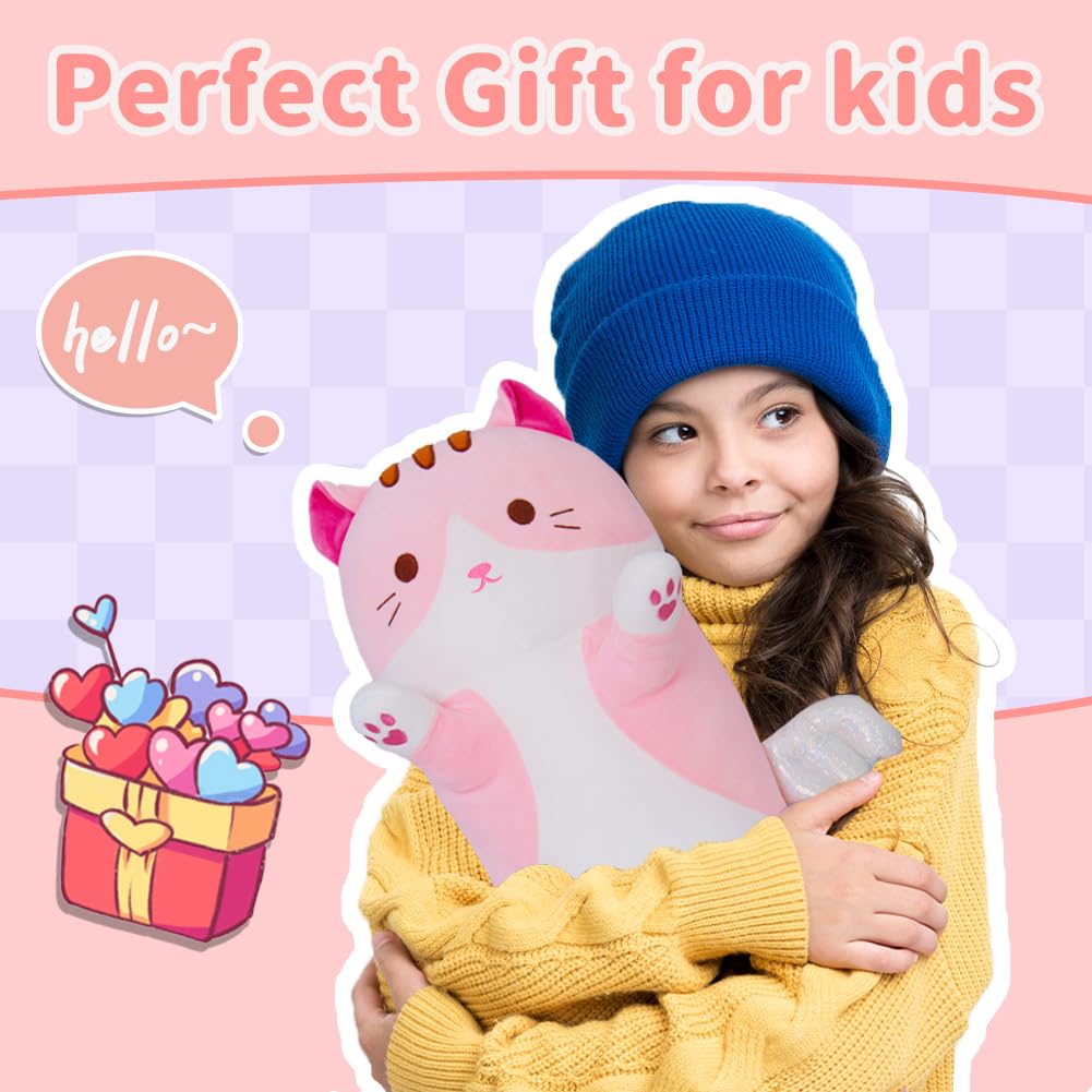 Yeqivo Cute Cat Plush Pillow – Pink Long Kitten Plushie, Soft Kawaii Cat Stuffed Toy for Kids (70cm)