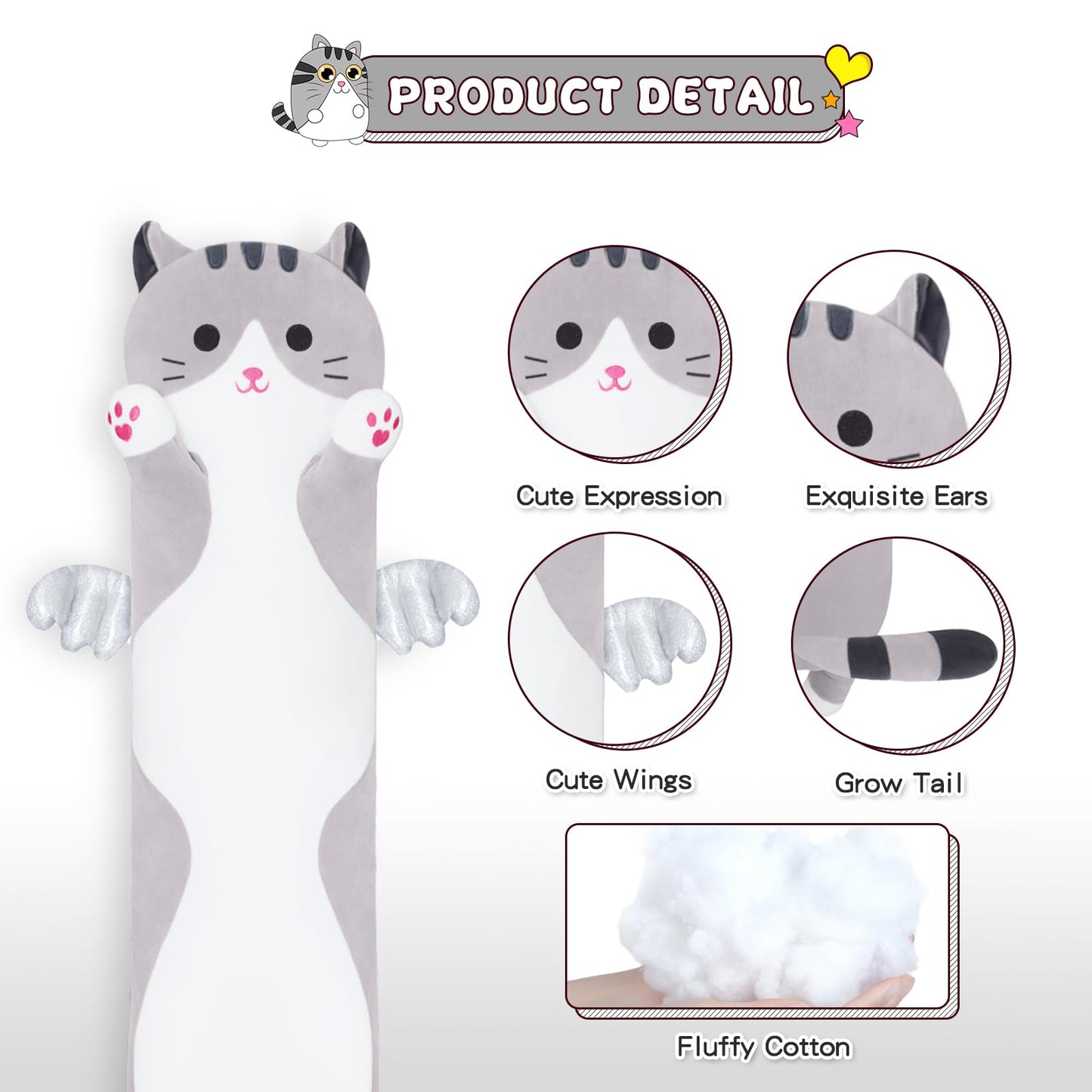 Yeqivo Soft Cat Plush Pillow – Grey Long Cat Toy (70cm) Cozy Cuddle