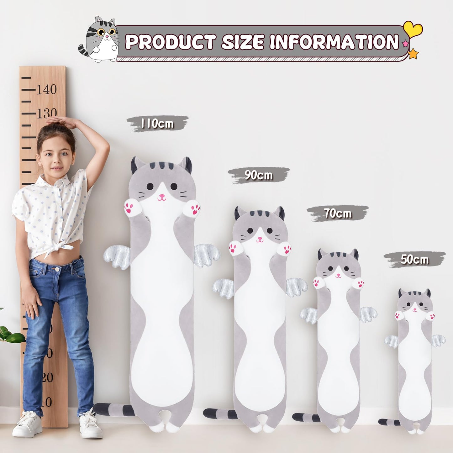 Yeqivo Soft Cat Plush Pillow – Grey Long Cat Toy (70cm) Cozy Cuddle