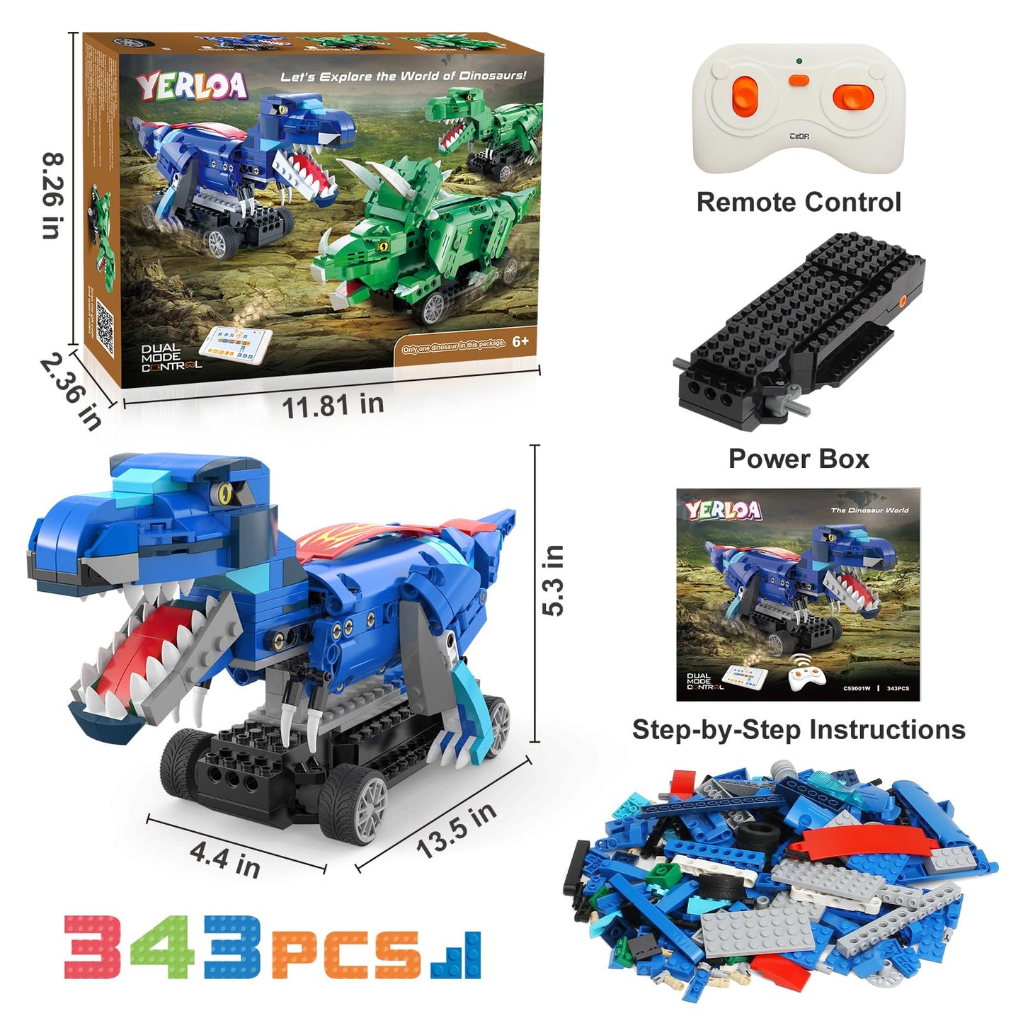 Yerloa Dinosaur Toys for Boys 8-12 | 343-Piece Remote Control STEM Building Kit