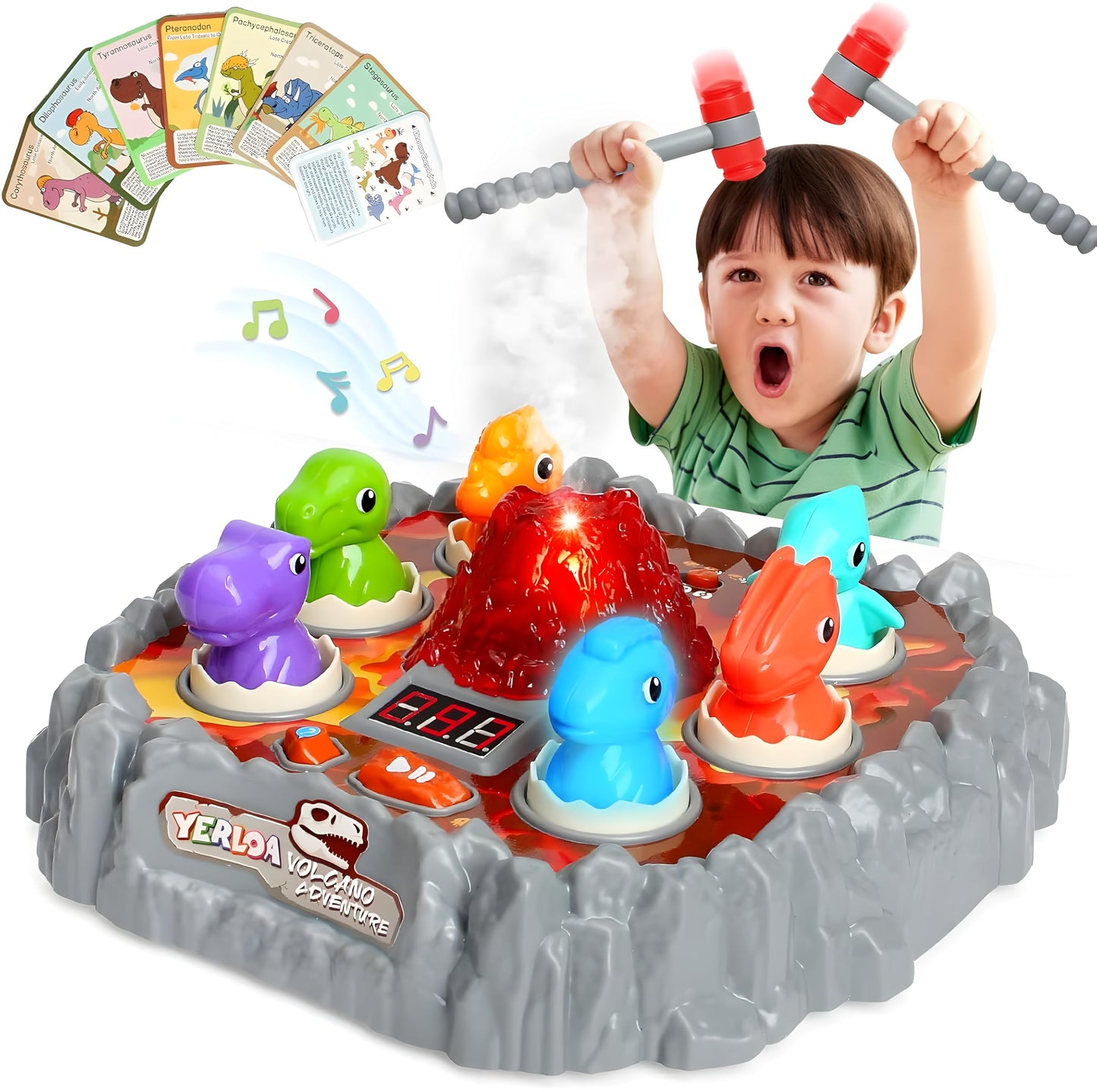 Yerloa Whack Game Dinosaur Toys for Kids 2-6 | Sensory Hammer Play with Volcano & Lights
