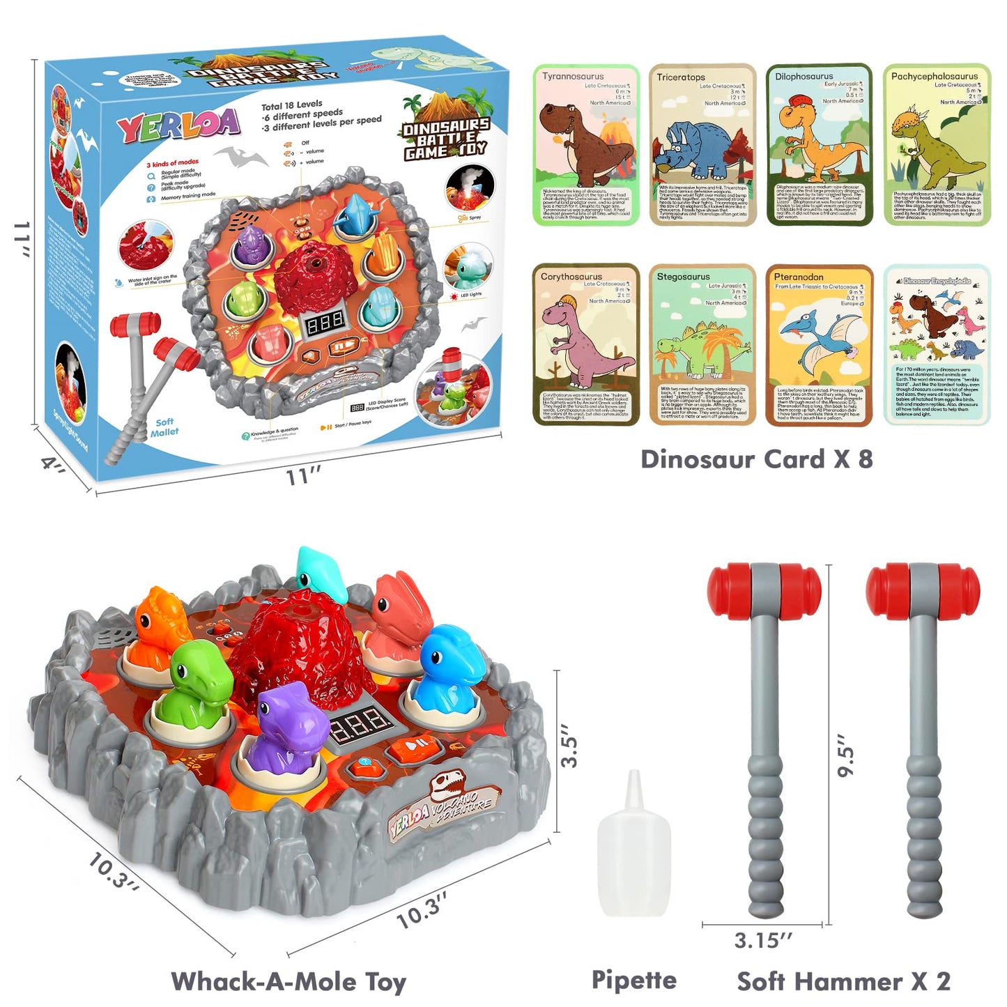 Yerloa Whack Game Dinosaur Toys for Kids 2-6 | Sensory Hammer Play with Volcano & Lights